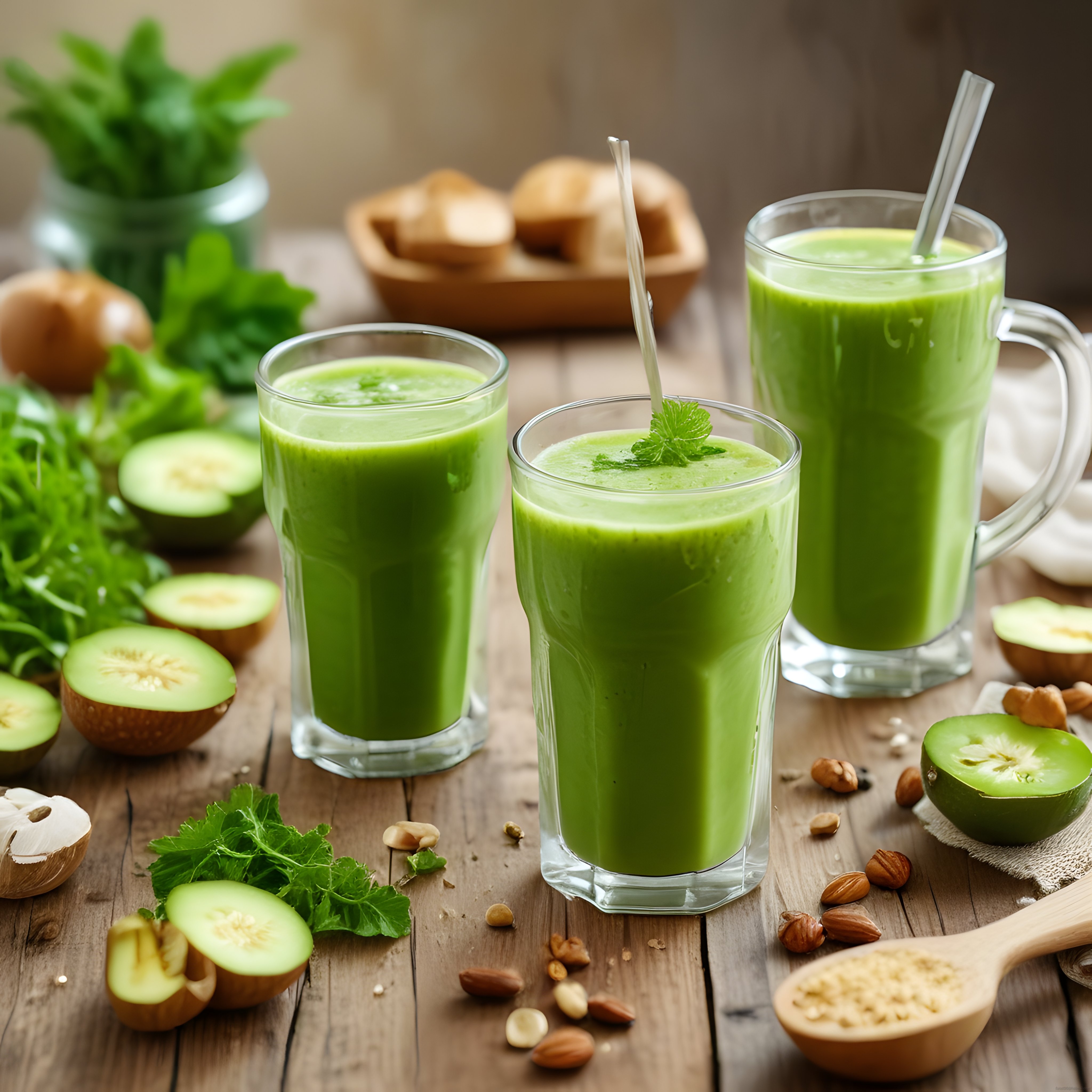 Ahşap Masada Taze Yeşil Smoothie ve Kivili Sağlıklı İçecek Tarifi