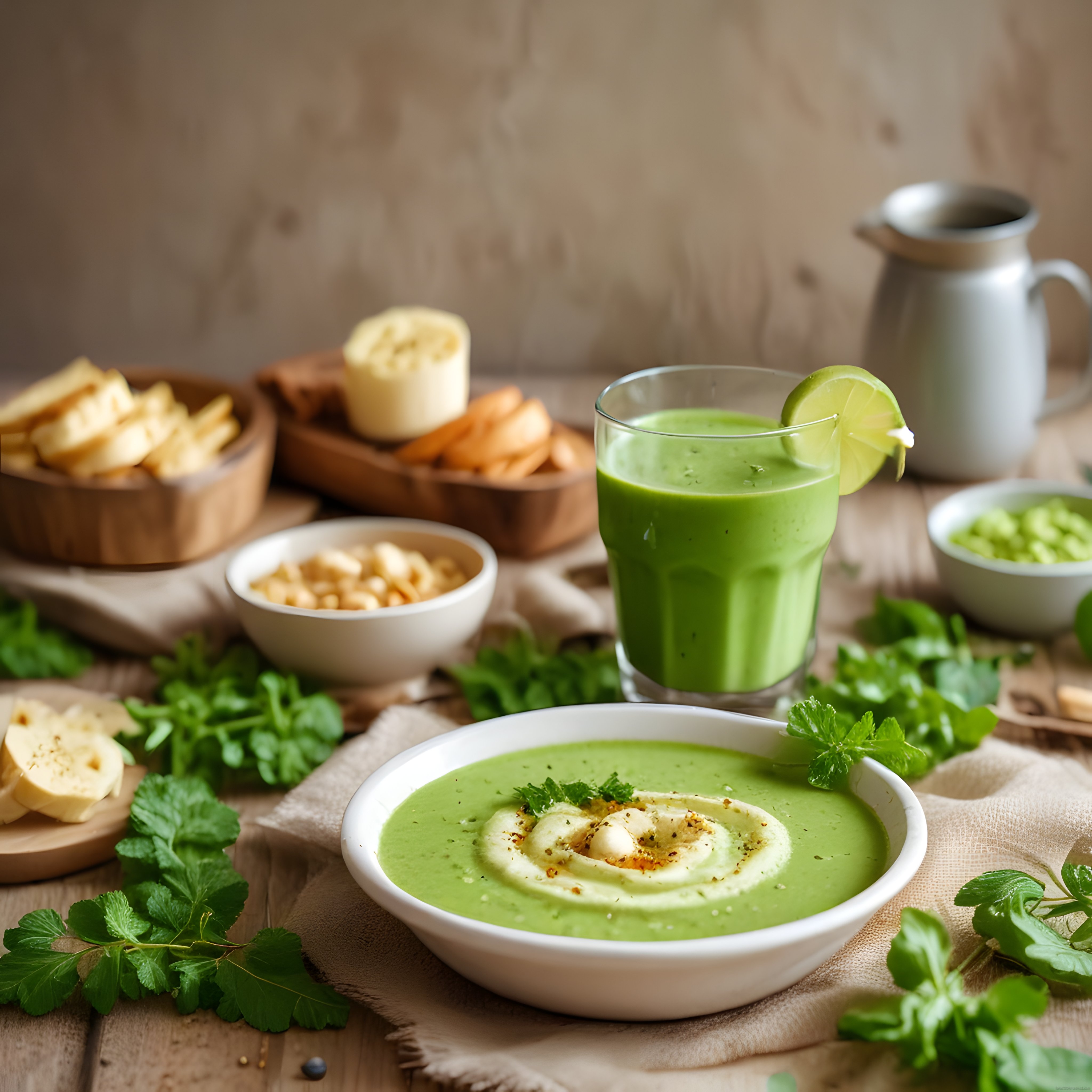 Ahşap Masada Taze Yeşil Smoothie ve Kremalı Sebze Çorbası Sunumu