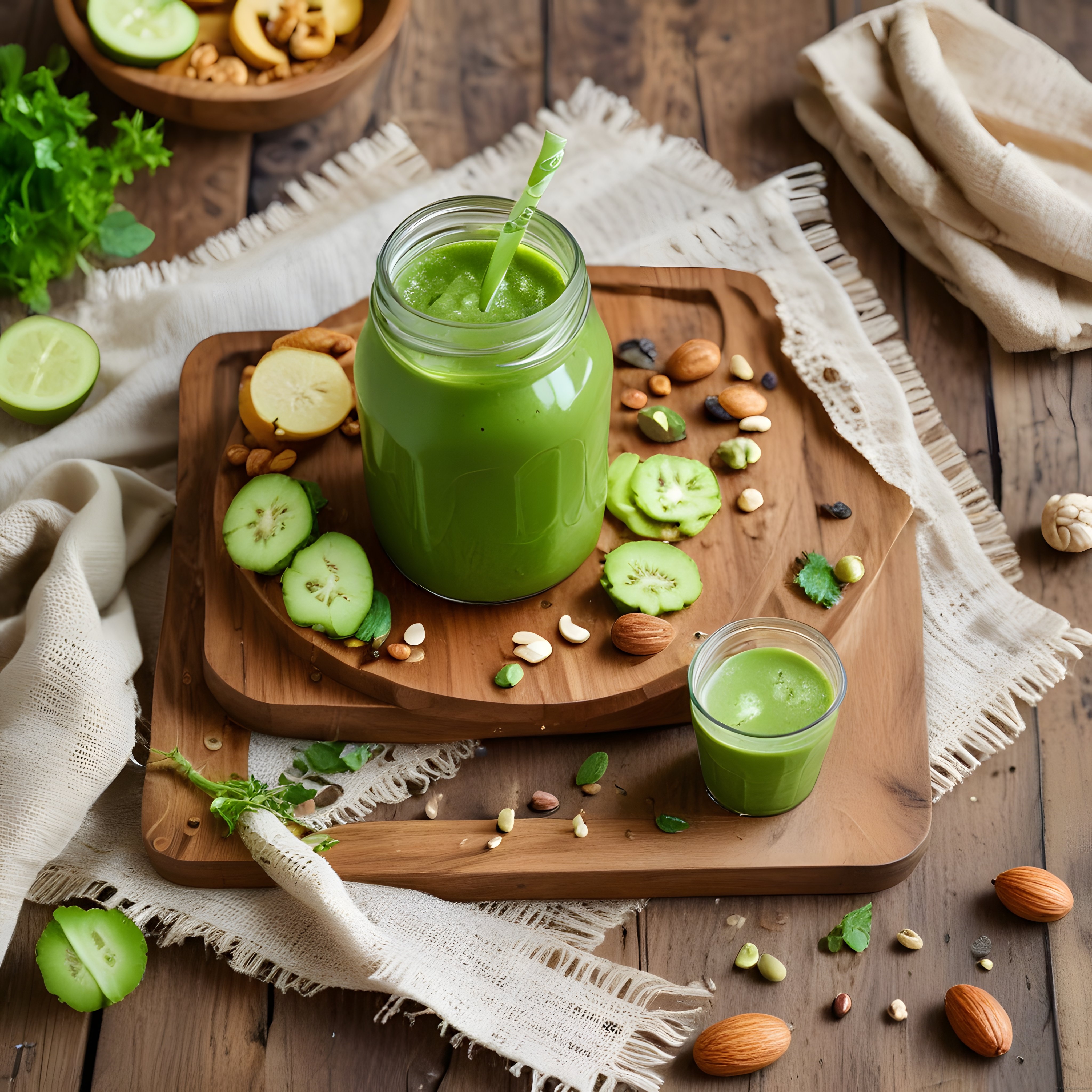 Ahşap Masada Taze Yeşil Smoothie ve Kuruyemişlerle Sağlıklı İçecek
