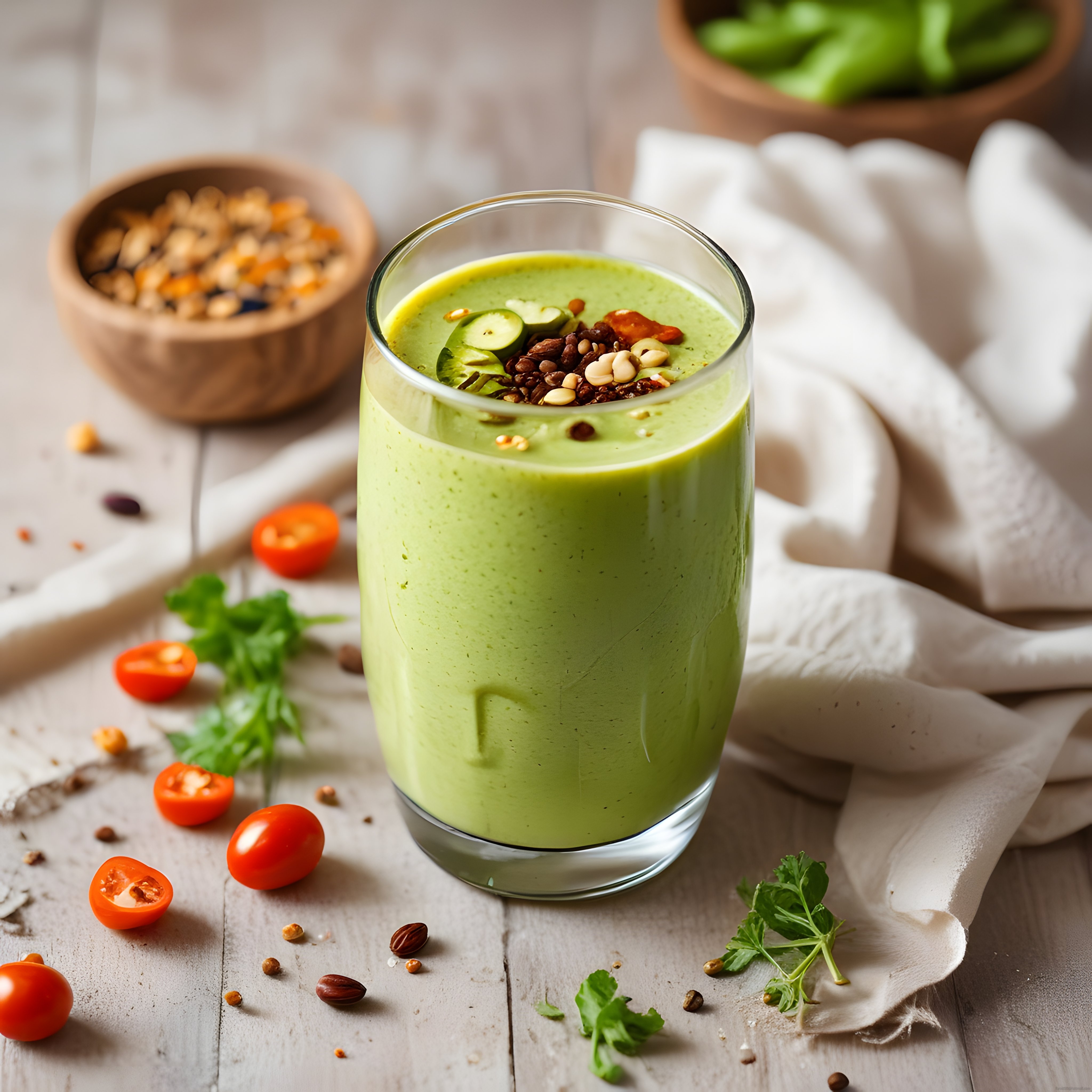 Ahşap masada taze yeşil smoothie ve kuruyemişli sağlıklı detoks içeceği