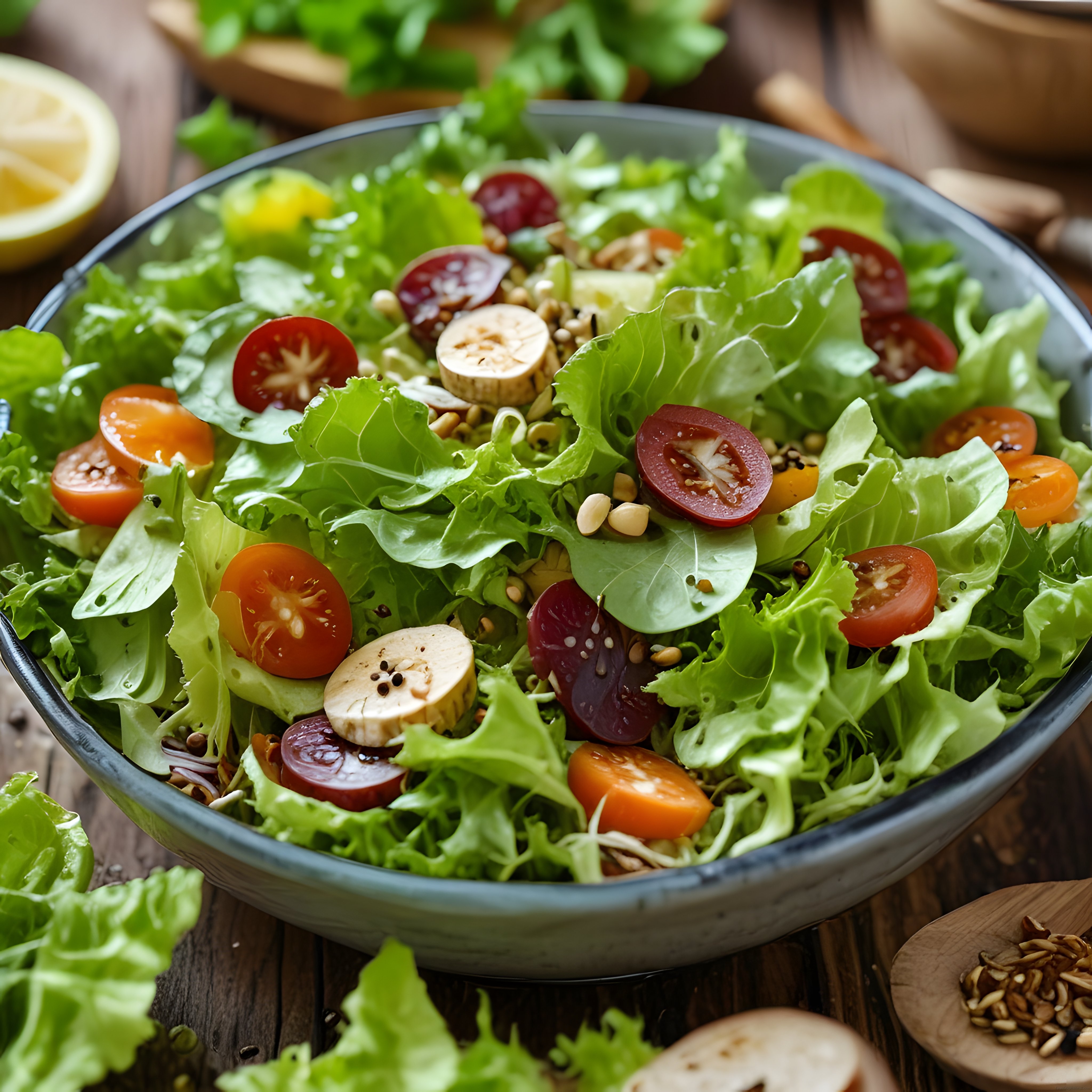 Ahşap Masada Taze Yeşillikli ve Renkli Sebzeli Sağlıklı Salata Kasesi