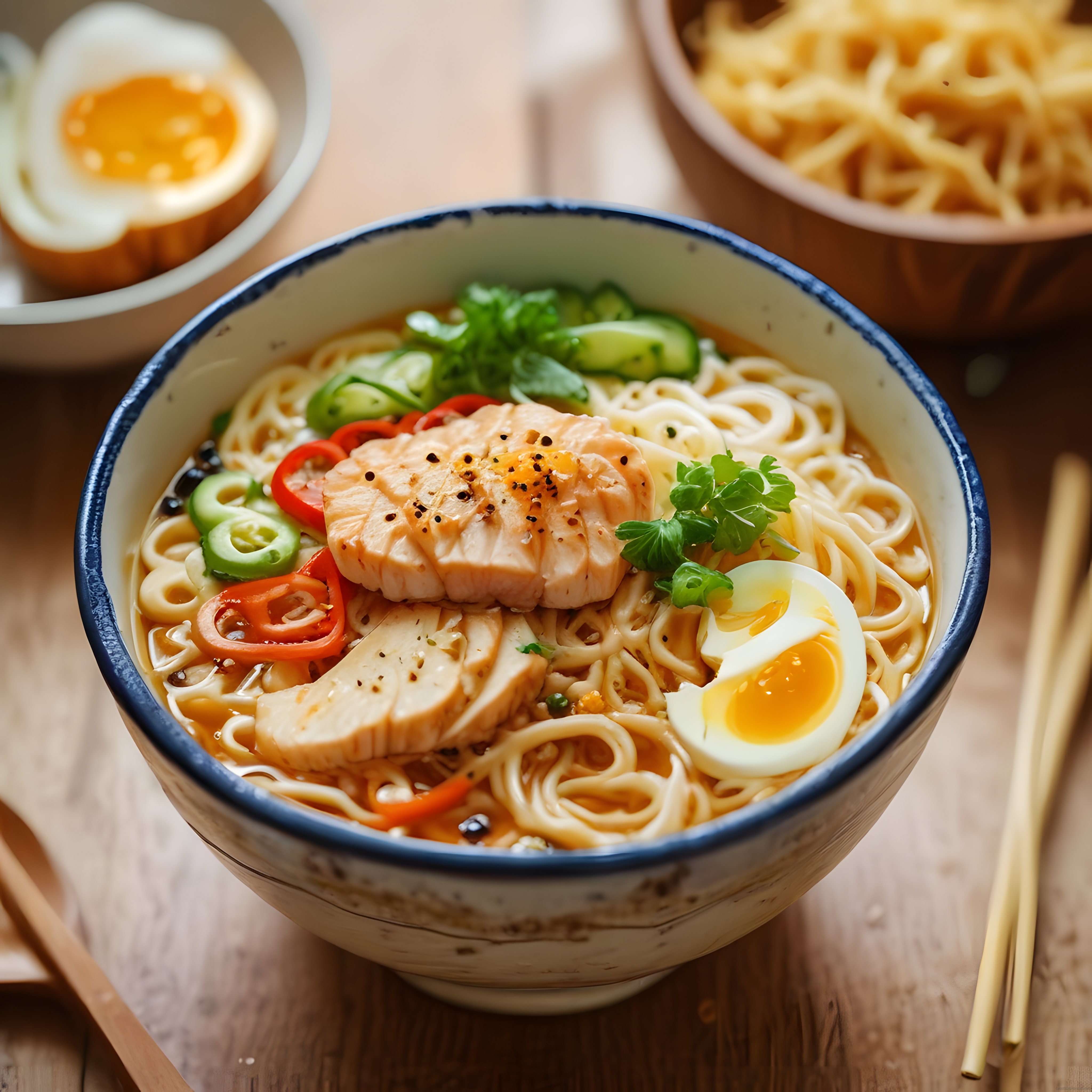 Ahşap Masada Taze Yeşillikli ve Somonlu Geleneksel Japon Ramen Kasesi