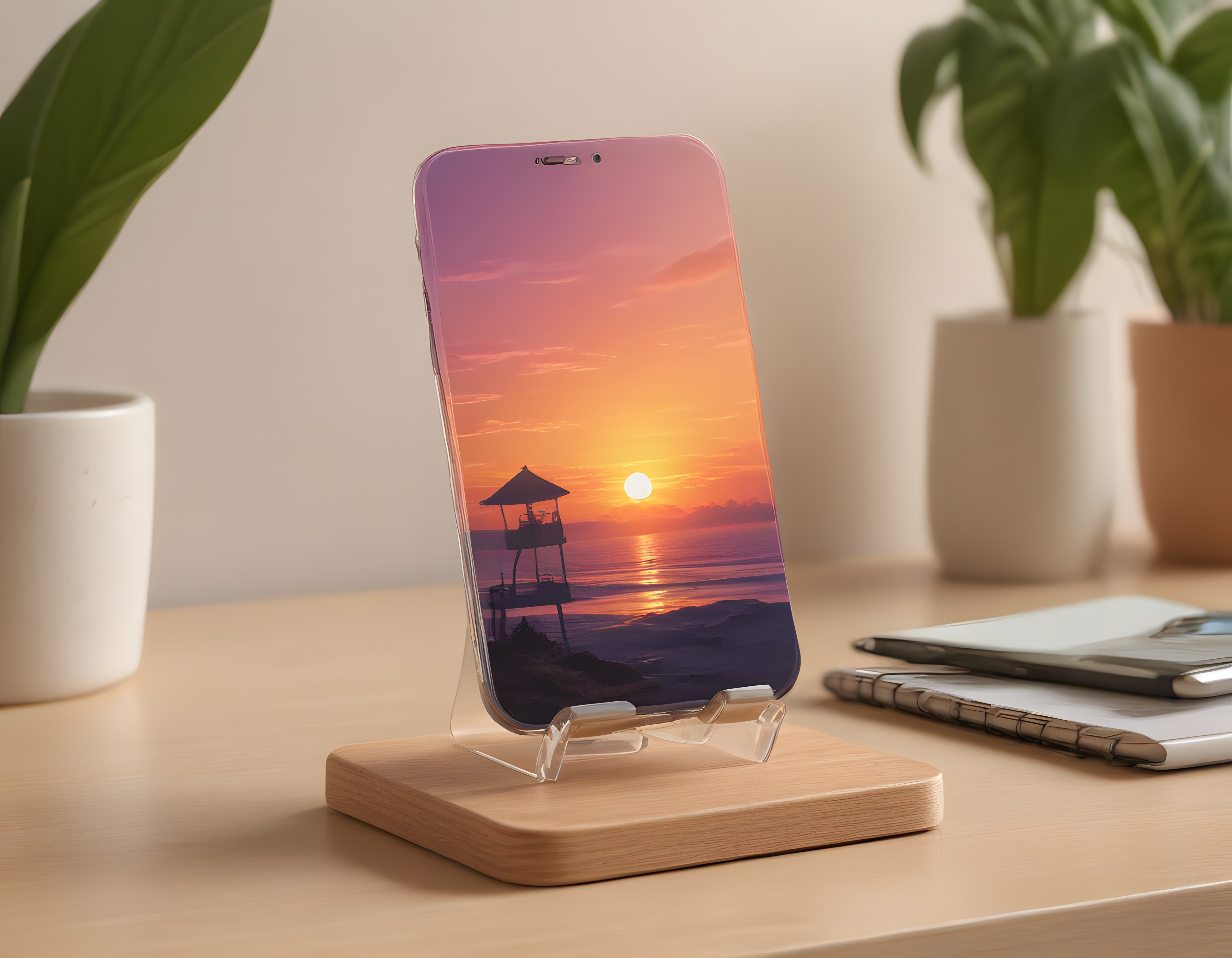 Ahşap Masada Telefon Standında Gün Batımı Manzaralı Ekran ve Bitki Dekoru