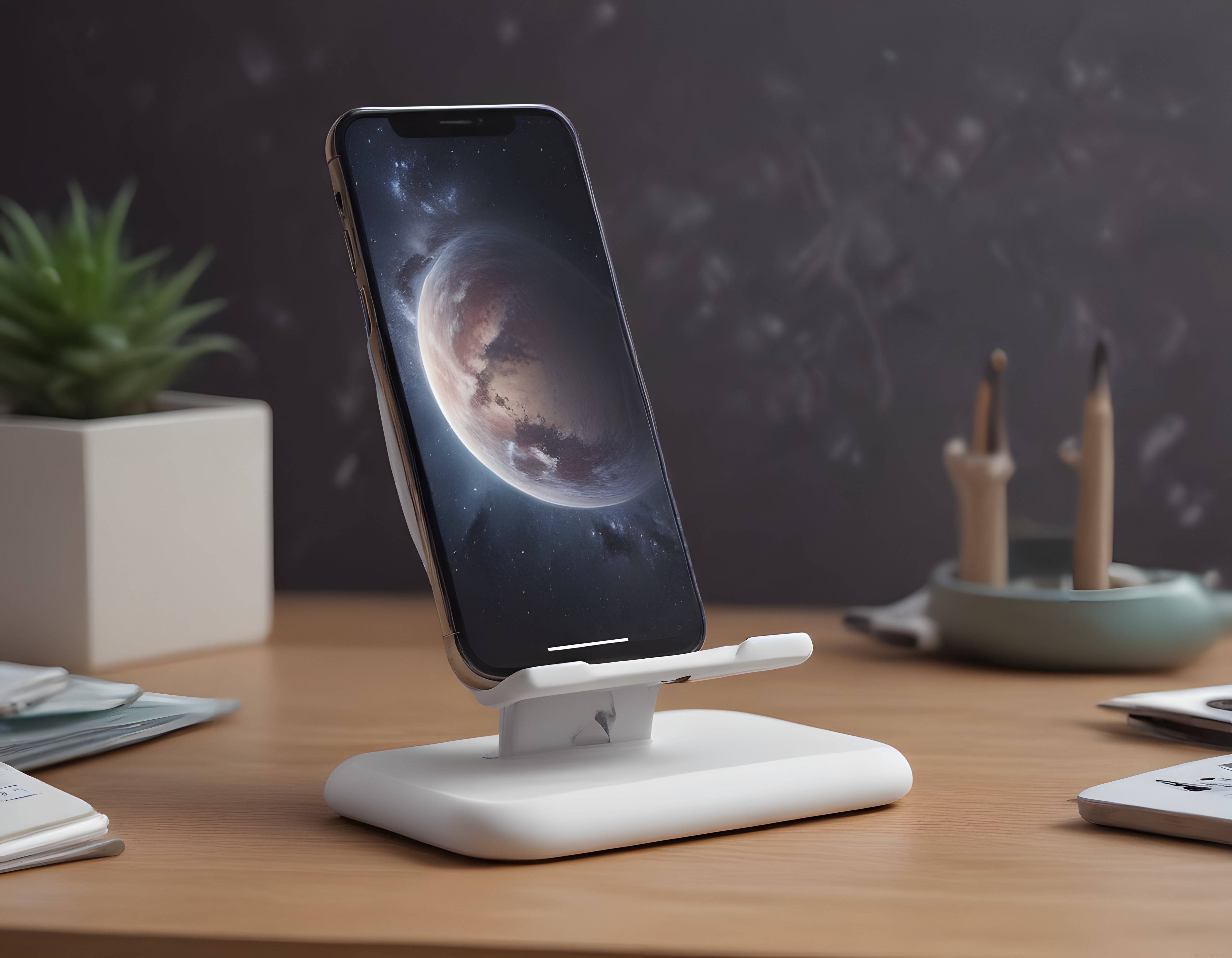 Ahşap Masada Telefon Standındaki iPhone ve Uzay Temalı Ekran Görüntüsü