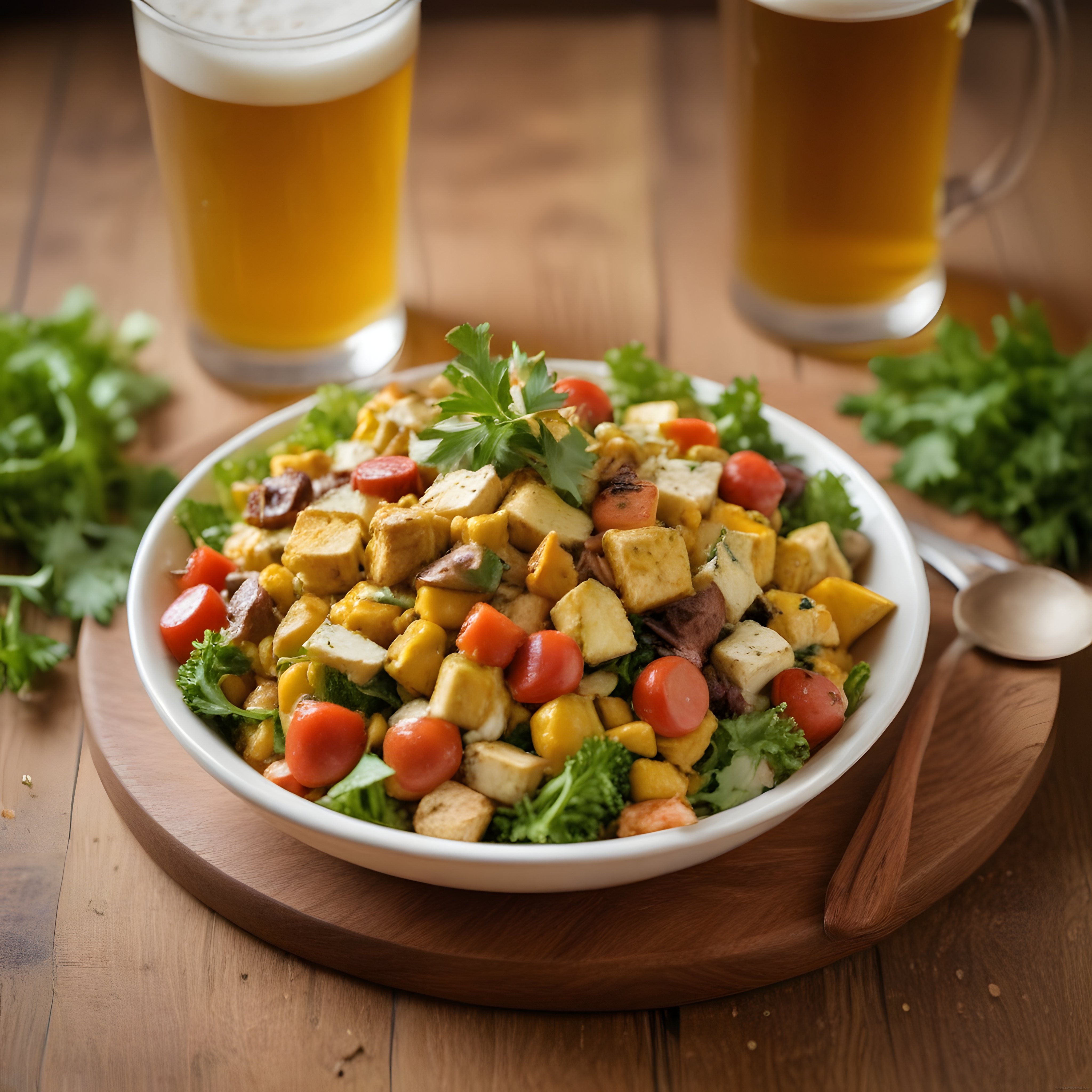ahşap masada tofu mısırlı bowl ve yanında köpüklü soğuk bira keyfi