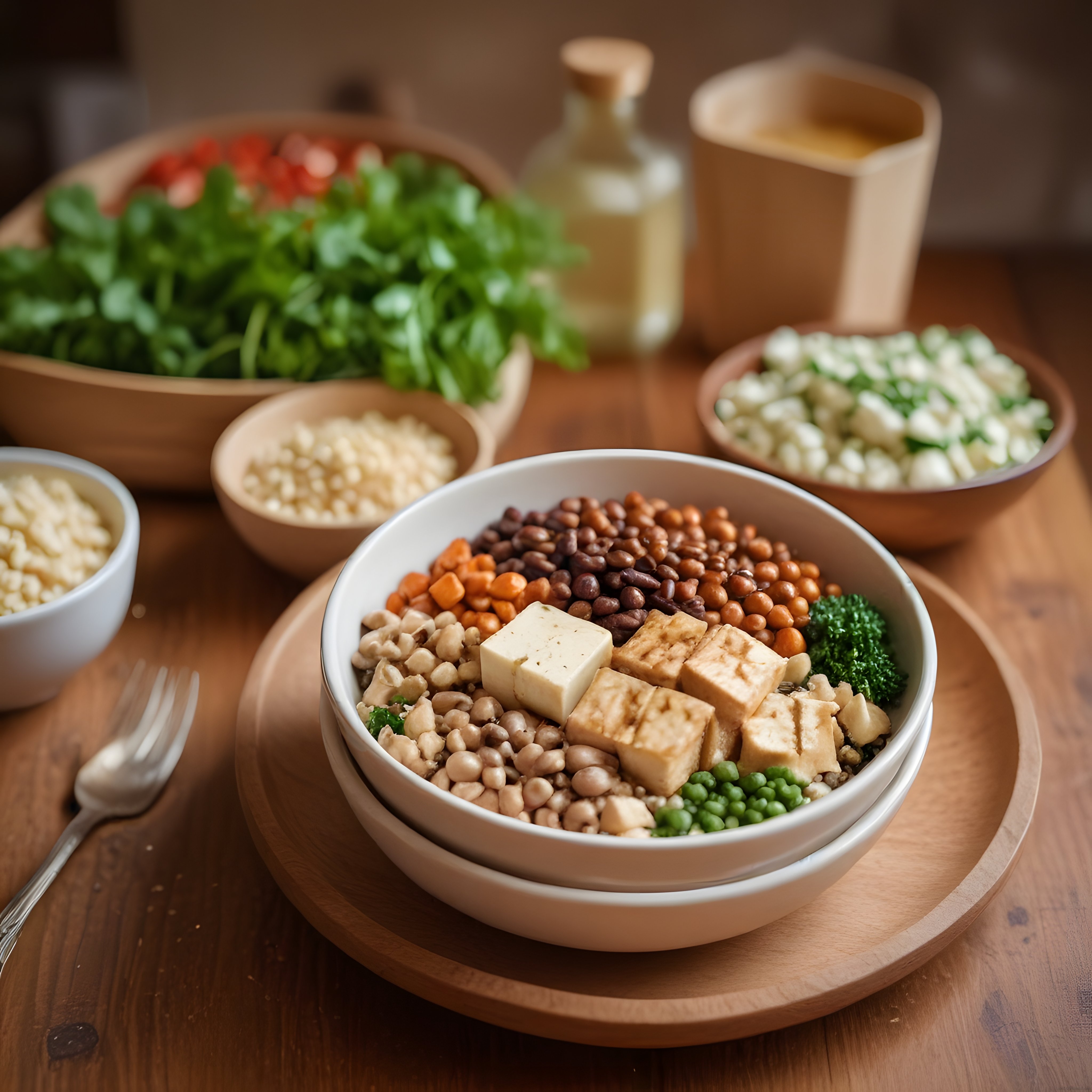 Ahşap Masada Tofu ve Baklagillerle Zenginleştirilmiş Renkli Vegan Buda Kasesi