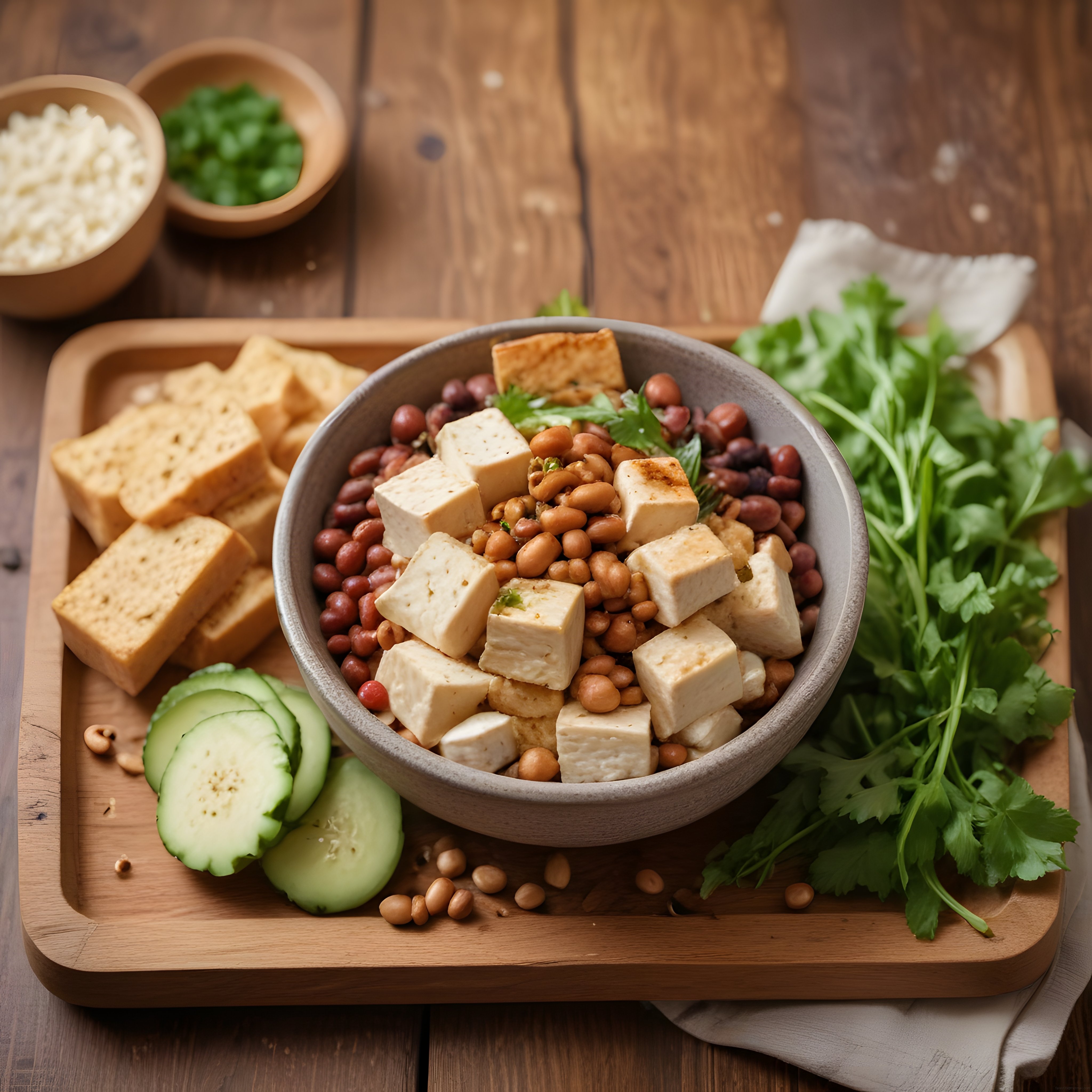 Ahşap Masada Tofu ve Bakliyatlı Sağlıklı Vegan Kase: Taze ve Besleyici