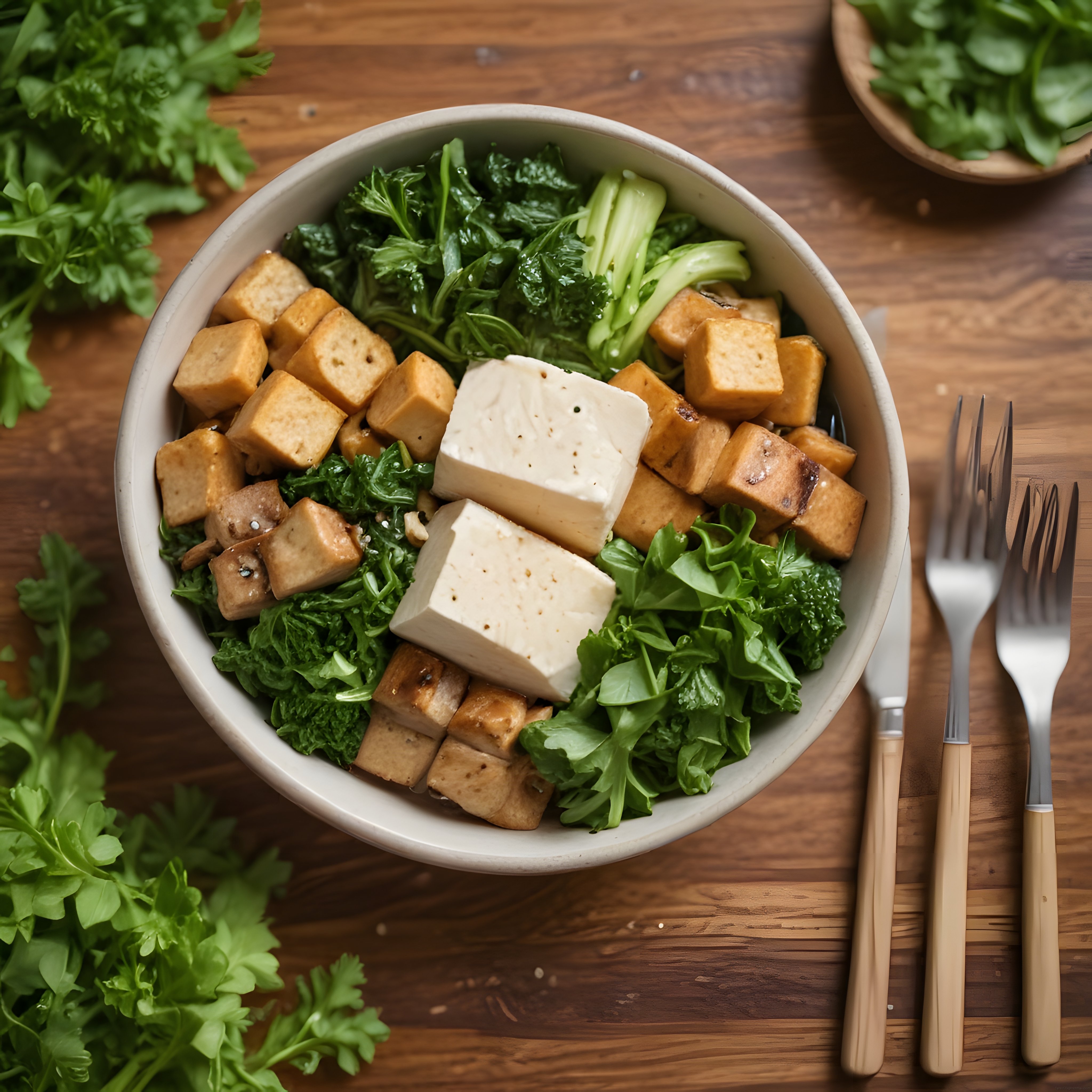 Ahşap Masada Tofu ve Yeşil Sebzelerle Hazırlanmış Sağlıklı Vegan Güç Kasesi