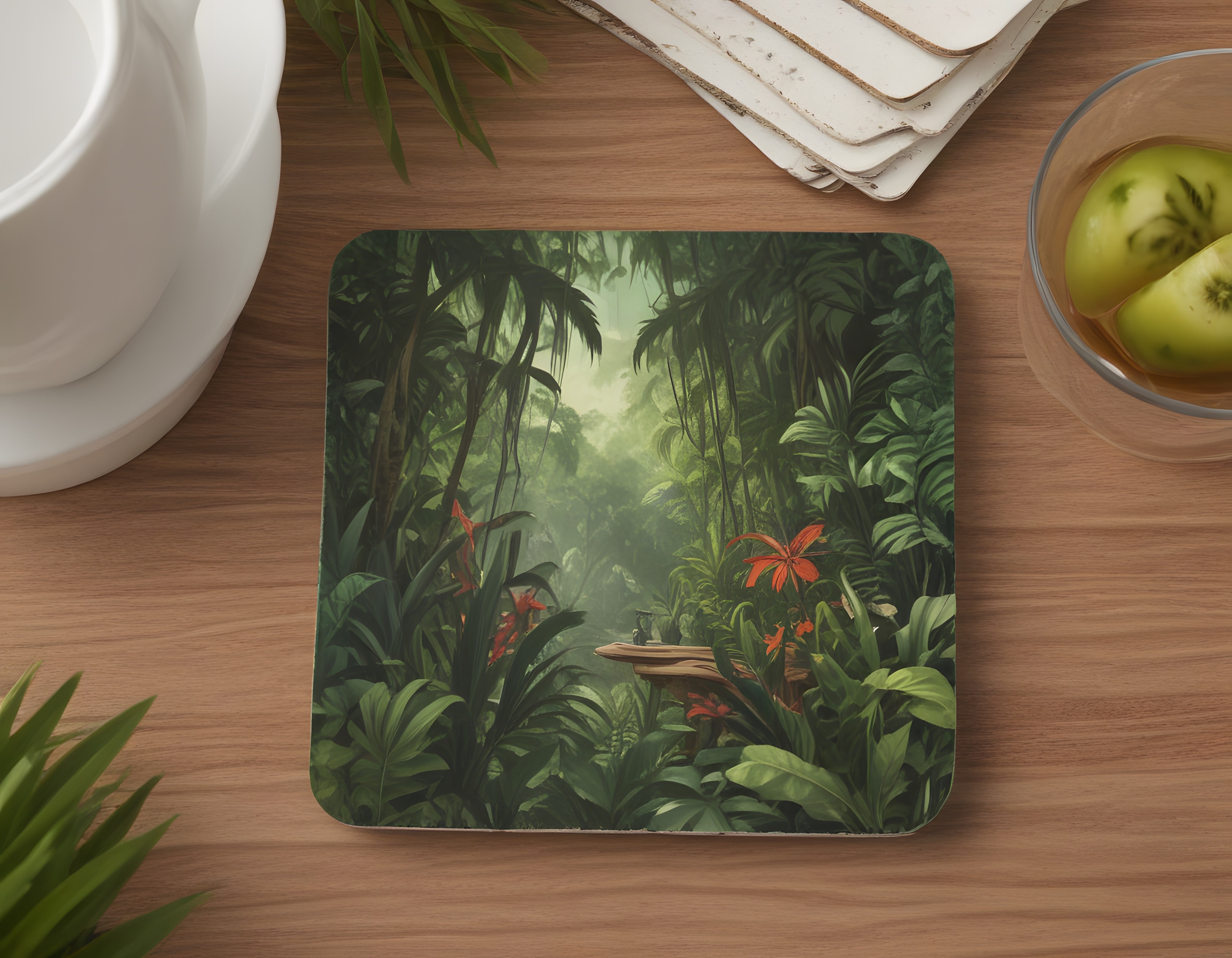 Ahşap masada tropikal orman manzaralı mouse pad ve huzurlu ürün kompozisyonu