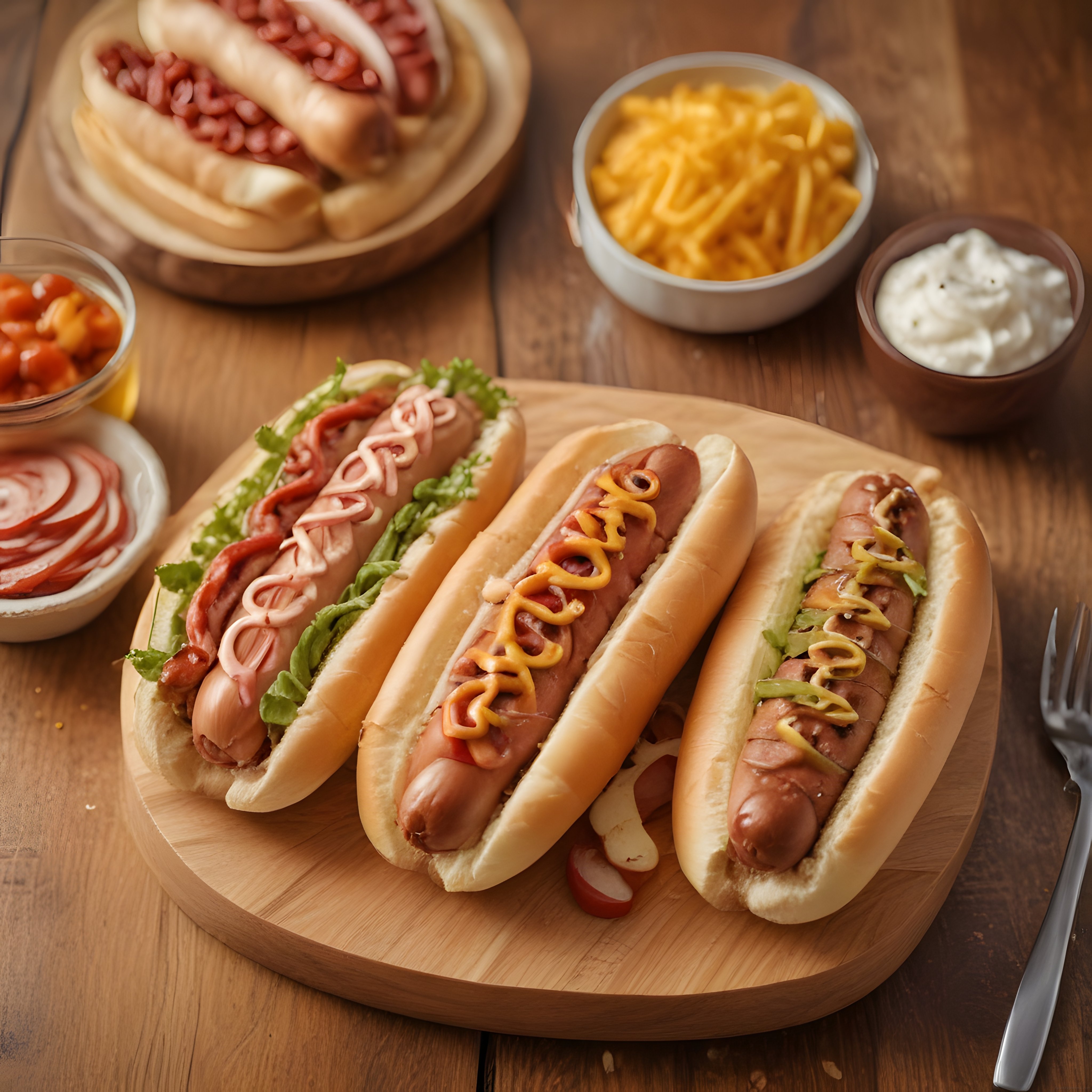 Ahşap Masada Üç Farklı Sosla Süslenmiş Hot Dog ve Yanında Patates Kızartması