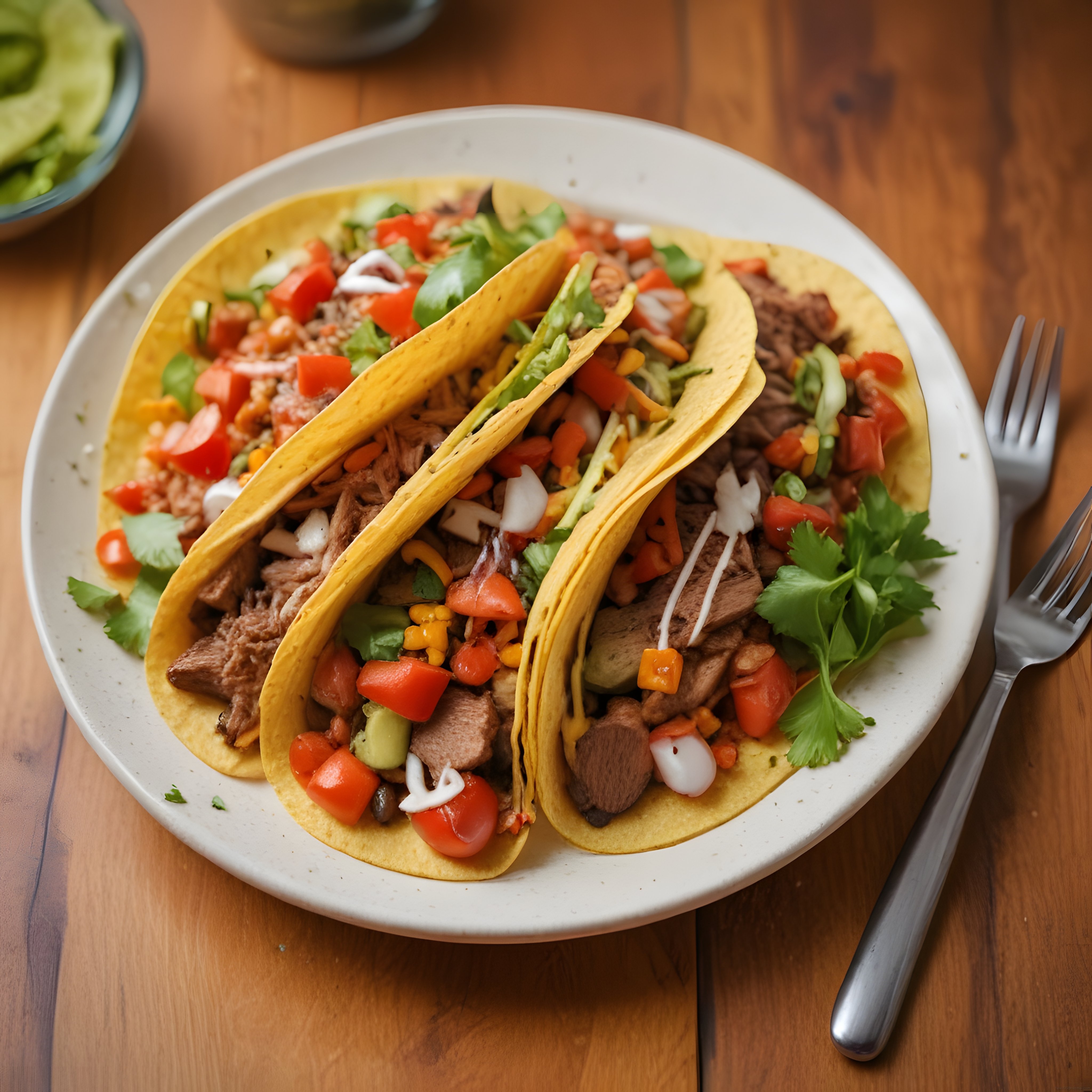 Ahşap Masada Üçlü Meksika Tacos Sunumu: Etli, Sebzeli ve Taze Avokadolü