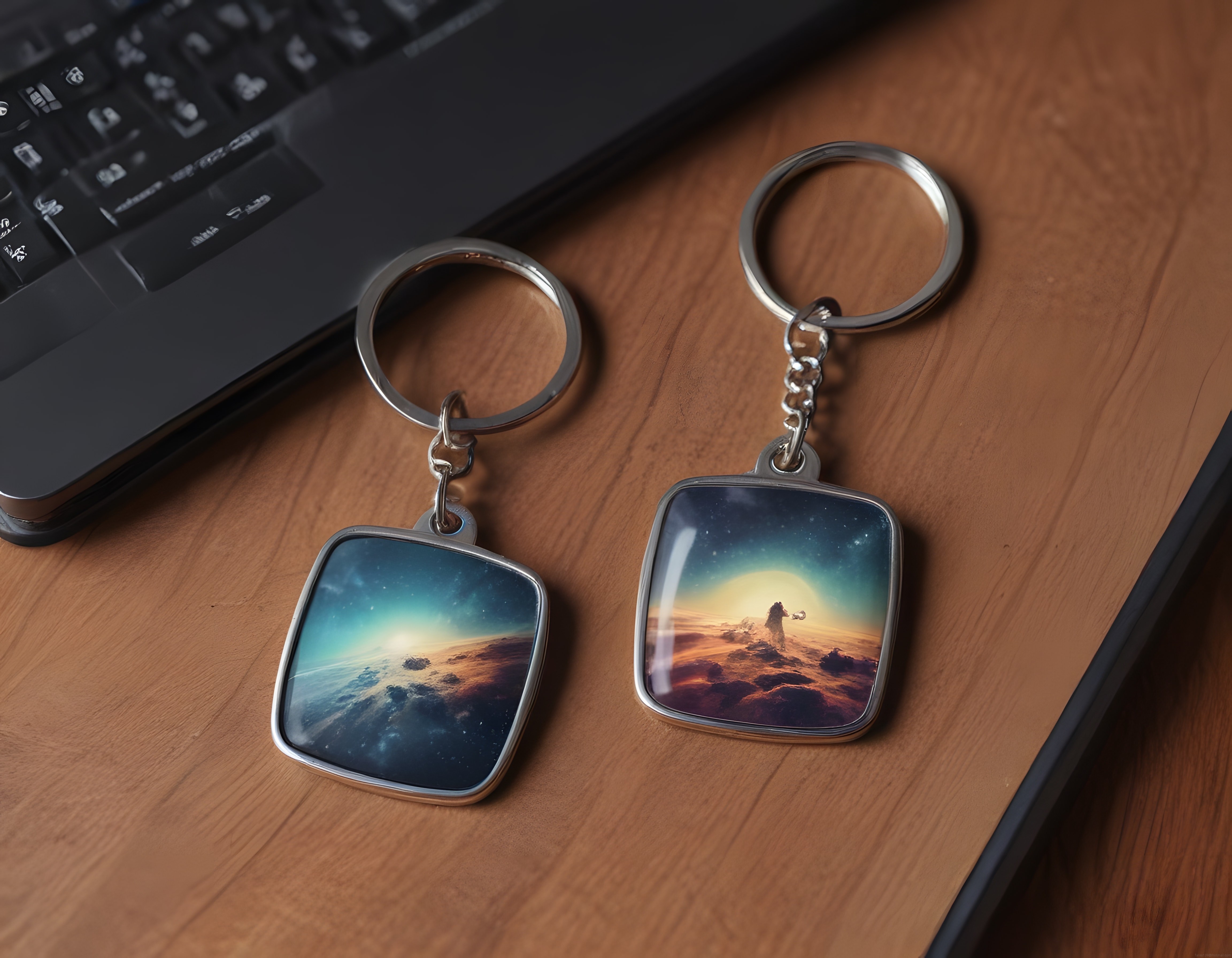Ahşap Masada Uzay Temalı Kişiselleştirilmiş Metal Anahtarlık Çifti ve Laptop
