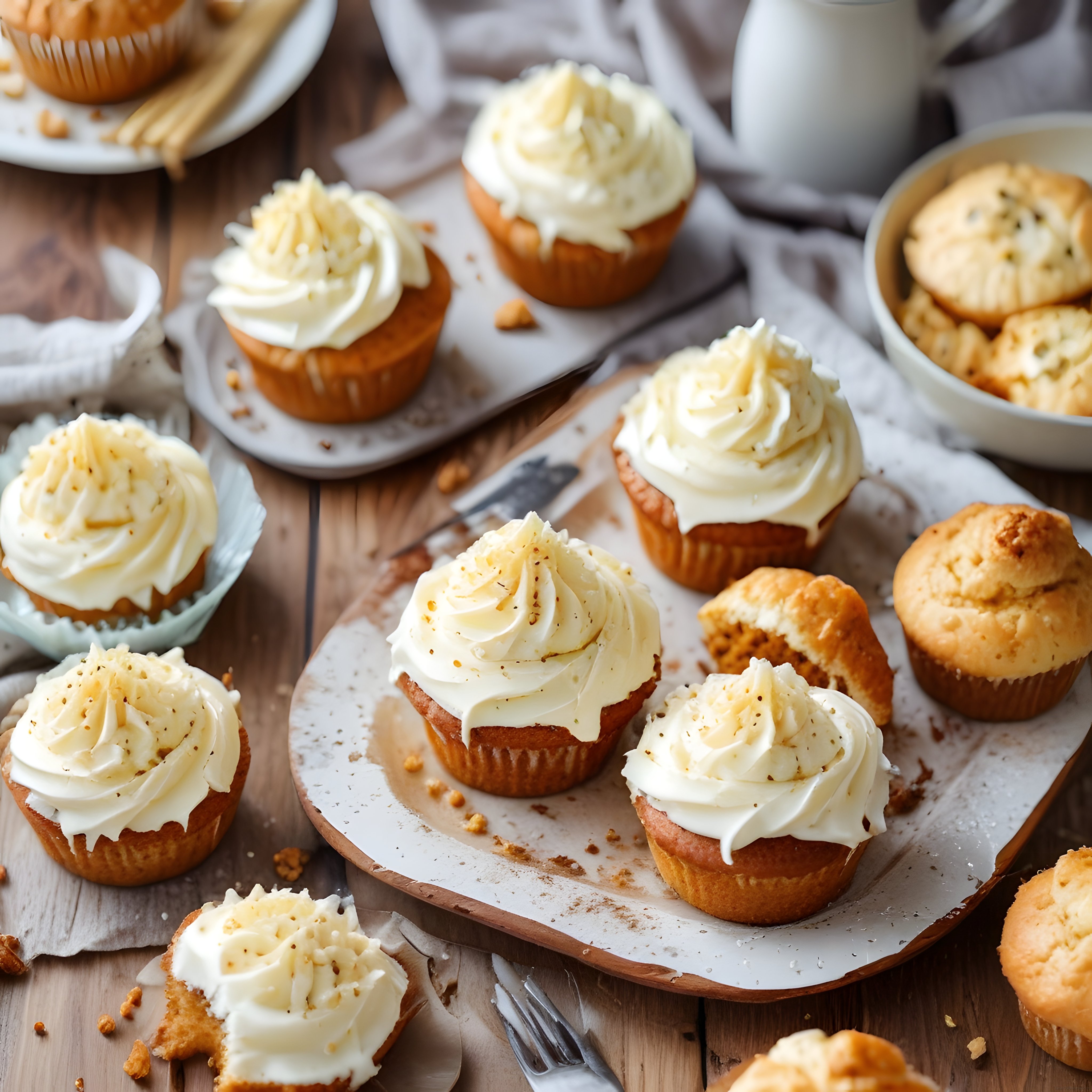 Ahşap Masada Üzeri Kremalı Taze Cupcake’ler: Ev Yapımı Tatlı Lezzet