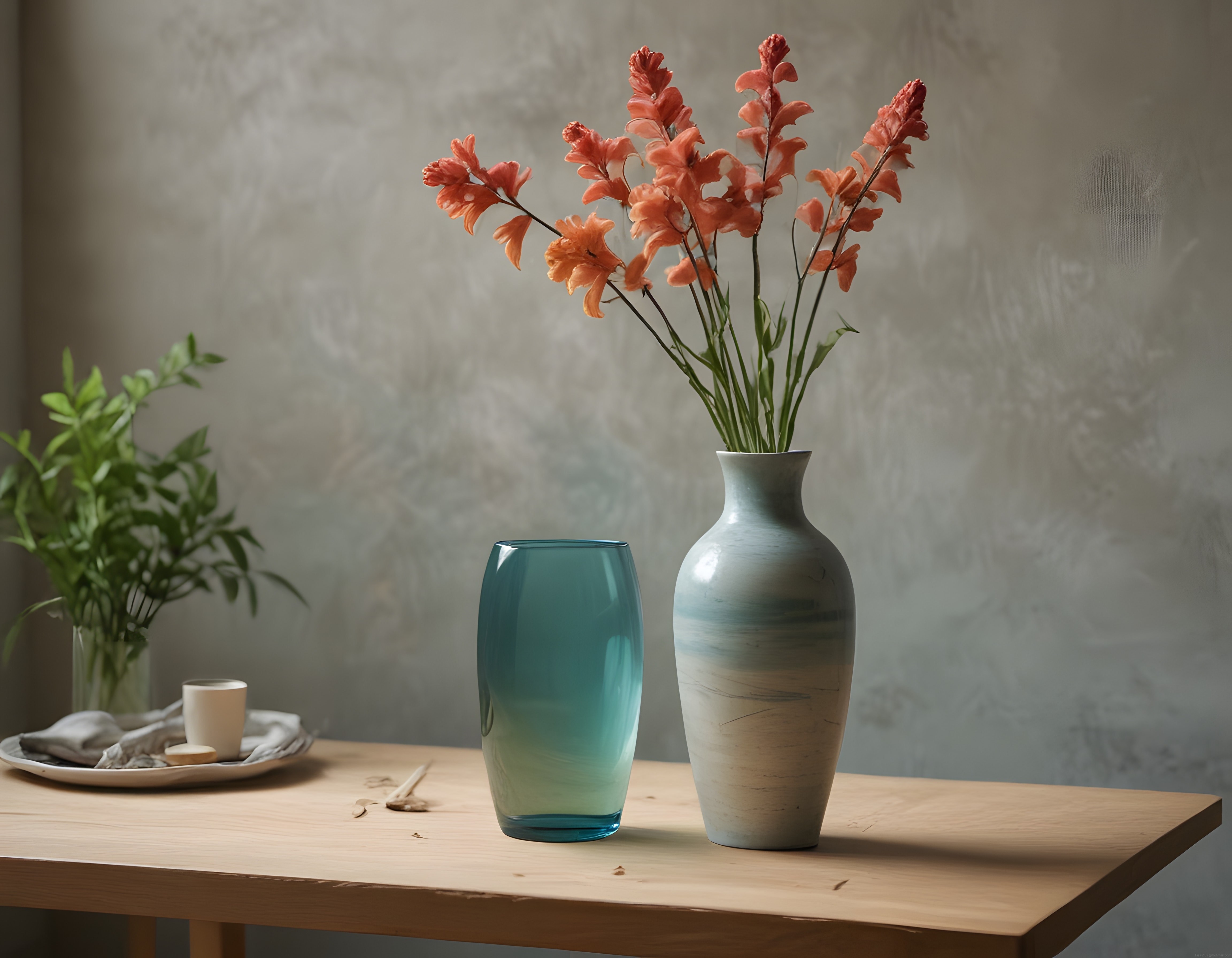 Ahşap Masada Vazolar ve Turuncu Çiçekler İle Sıcak Minimalist Dekorasyon