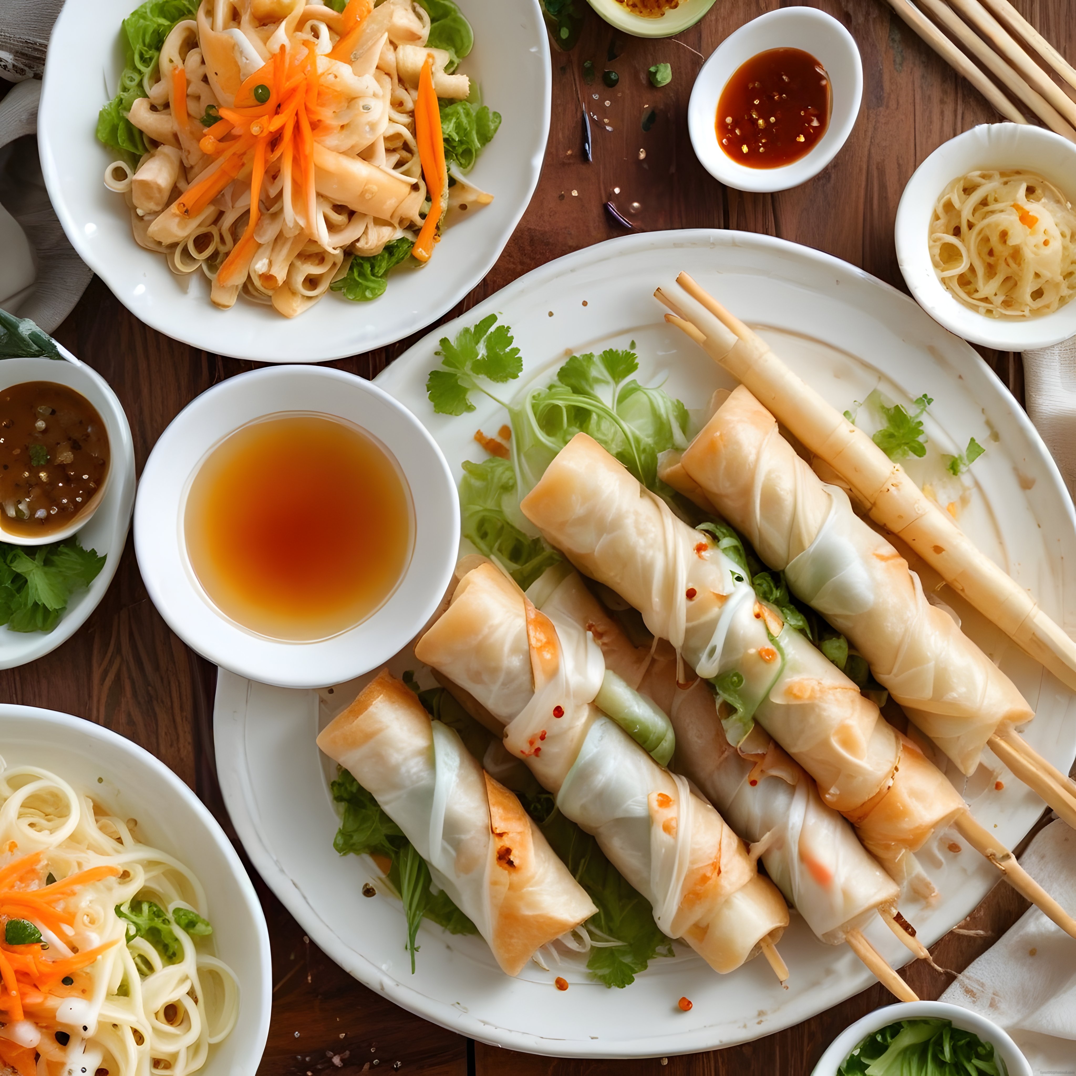 Ahşap masada Vietnam bahar ruloları ve noodle salata sunumu