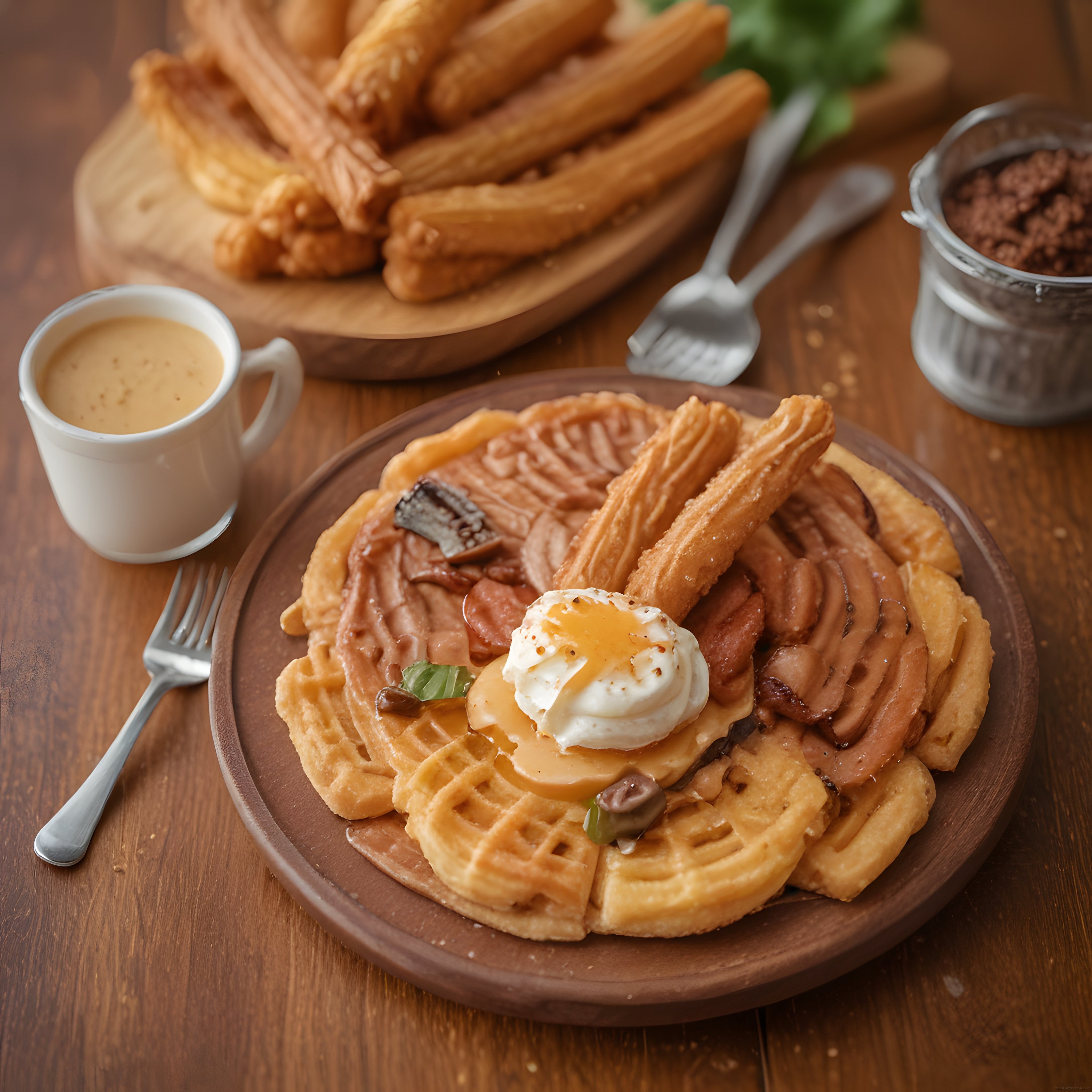 Ahşap masada waffle, churros ve poşe yumurtayla enfes bir kahvaltı tabağı