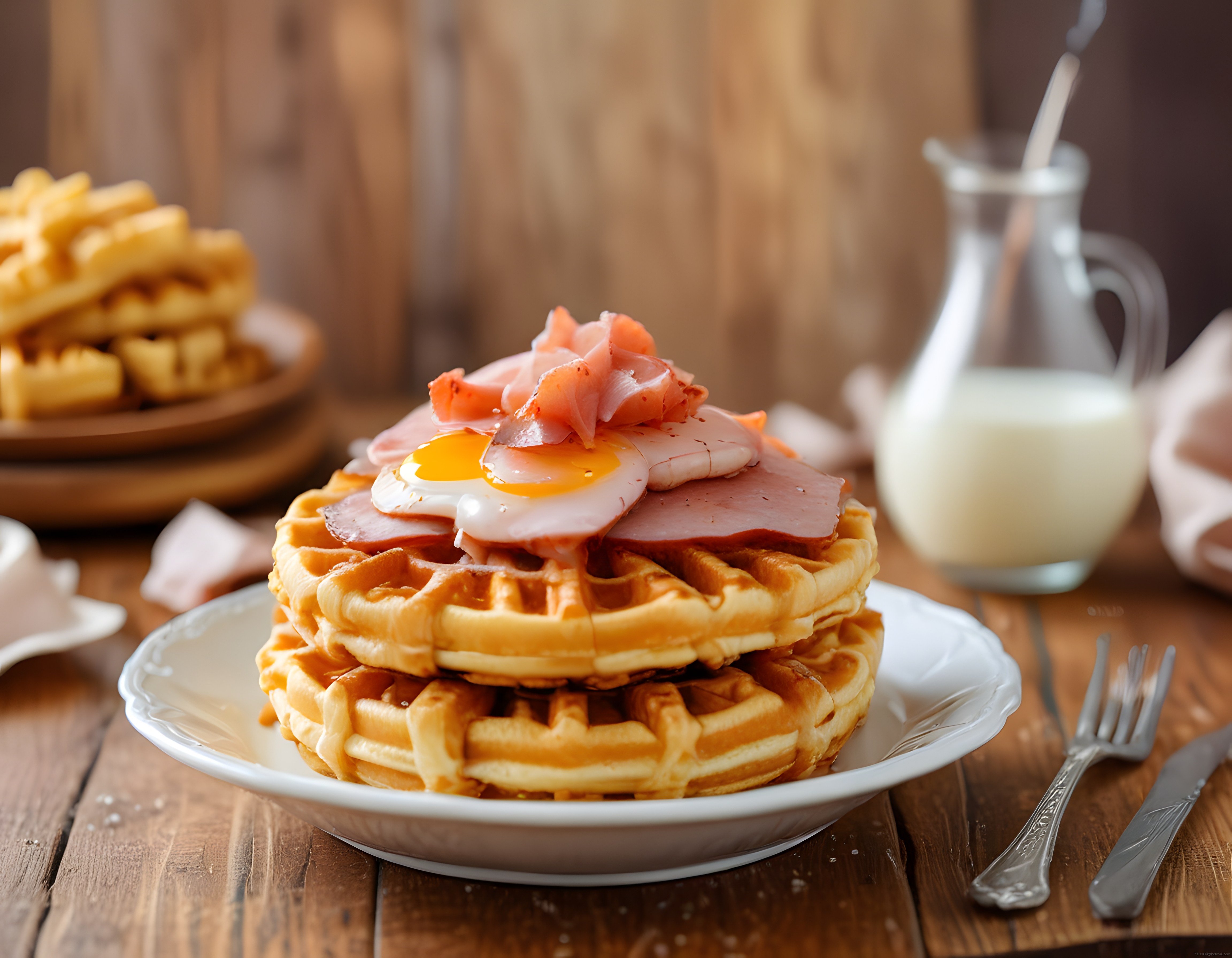 Ahşap Masada Waffle Üstü Jambonlu ve Yumurtalı Sıcak Kahvaltı Tabağı