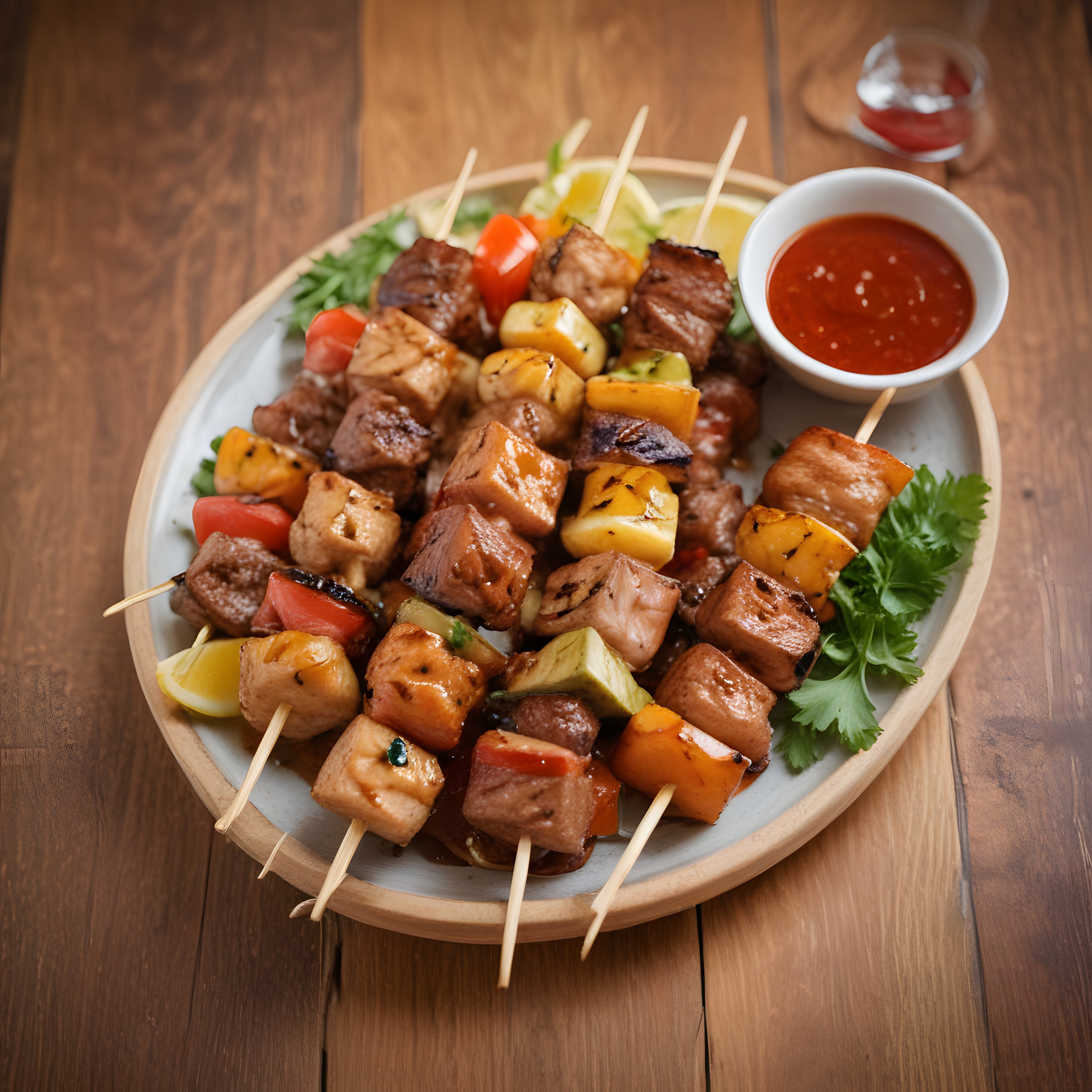 Ahşap Masada Yanında Acı Sos ve Limonla Sunulan Karışık Şiş Kebap