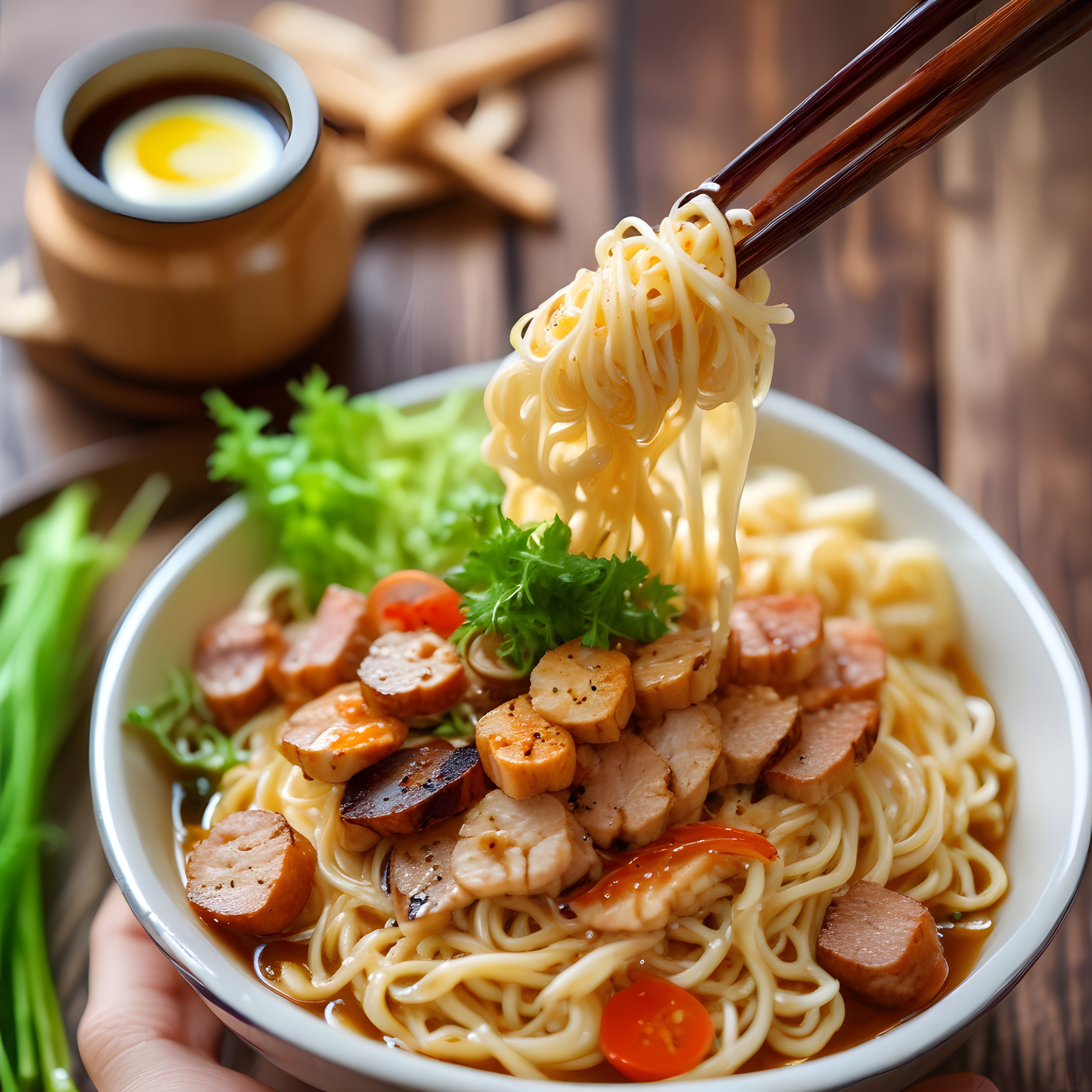 Ahşap Masada Yemek Çubuklarıyla Tutulan Sosisli Tavuklu Ramen Kasesi