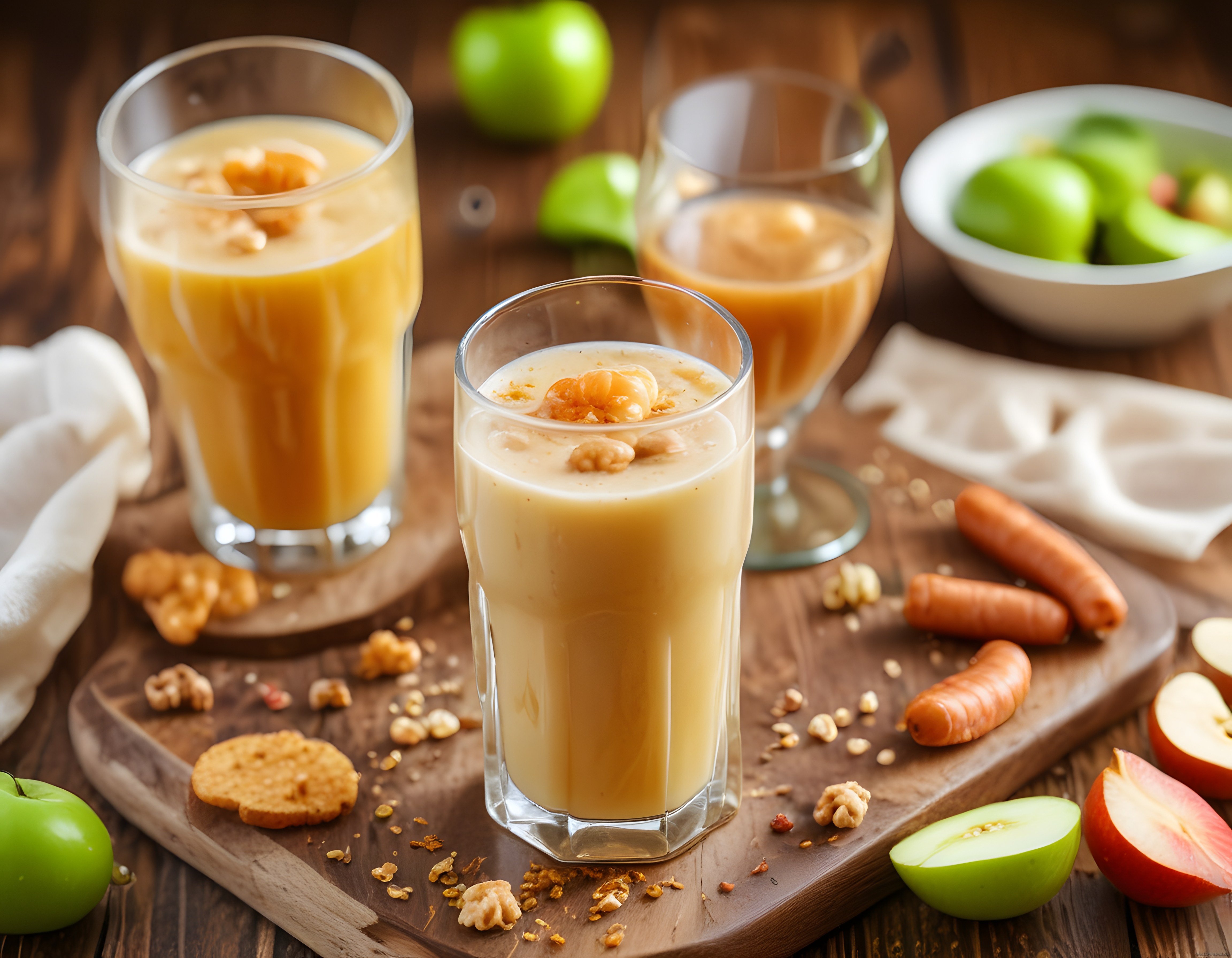 Ahşap Masada Yeşil Elma Havuçlu ve Cevizli Kremamsı Smoothie Sunumu