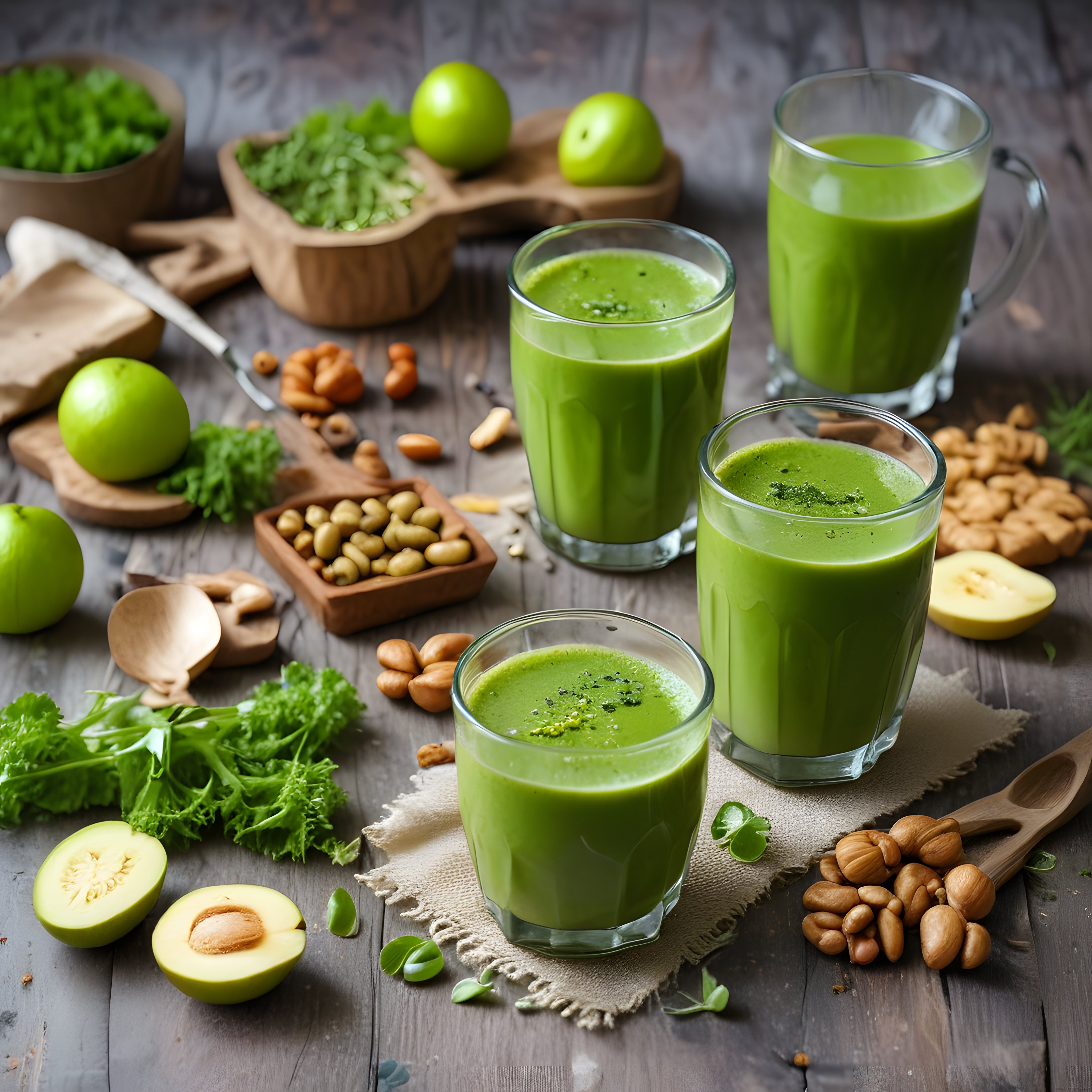 Ahşap Masada Yeşil Smoothie ve Avokado ile Doğal Detoks İçeceği