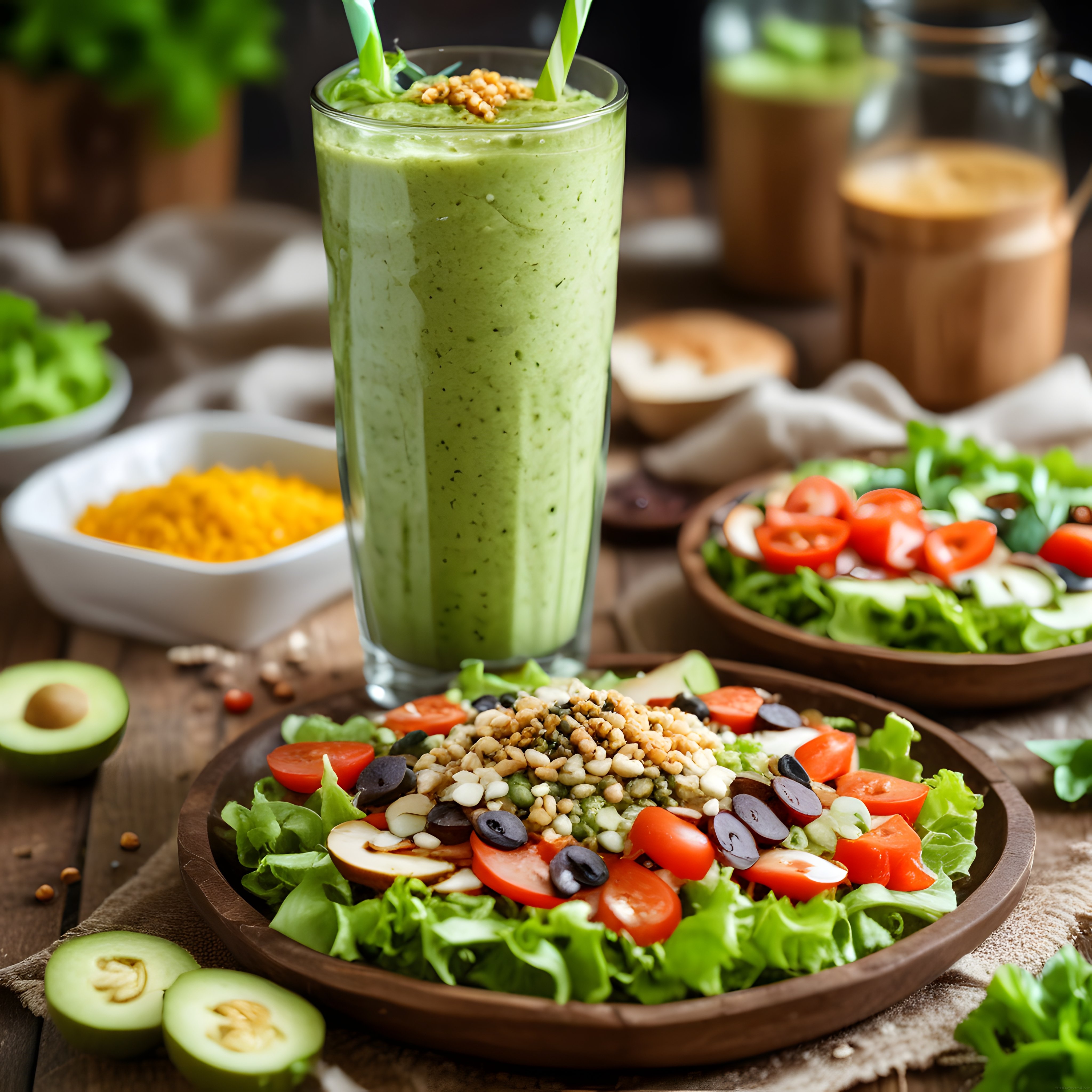 Ahşap Masada Yeşil Smoothie ve Bol Malzemeli Taze Salata Sunumu