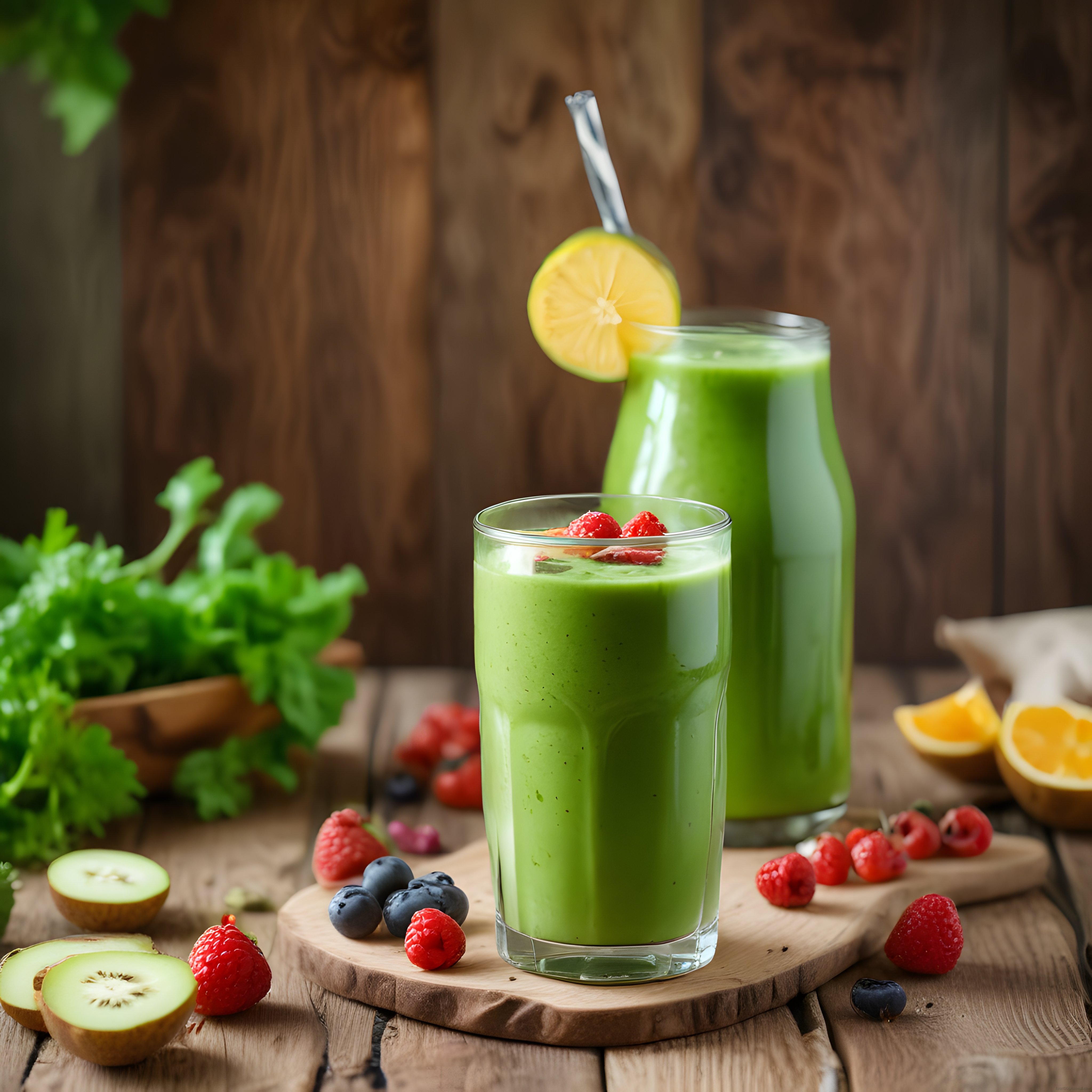 Ahşap masada yeşil smoothie ve taze orman meyveli sağlıklı detoks içeceği