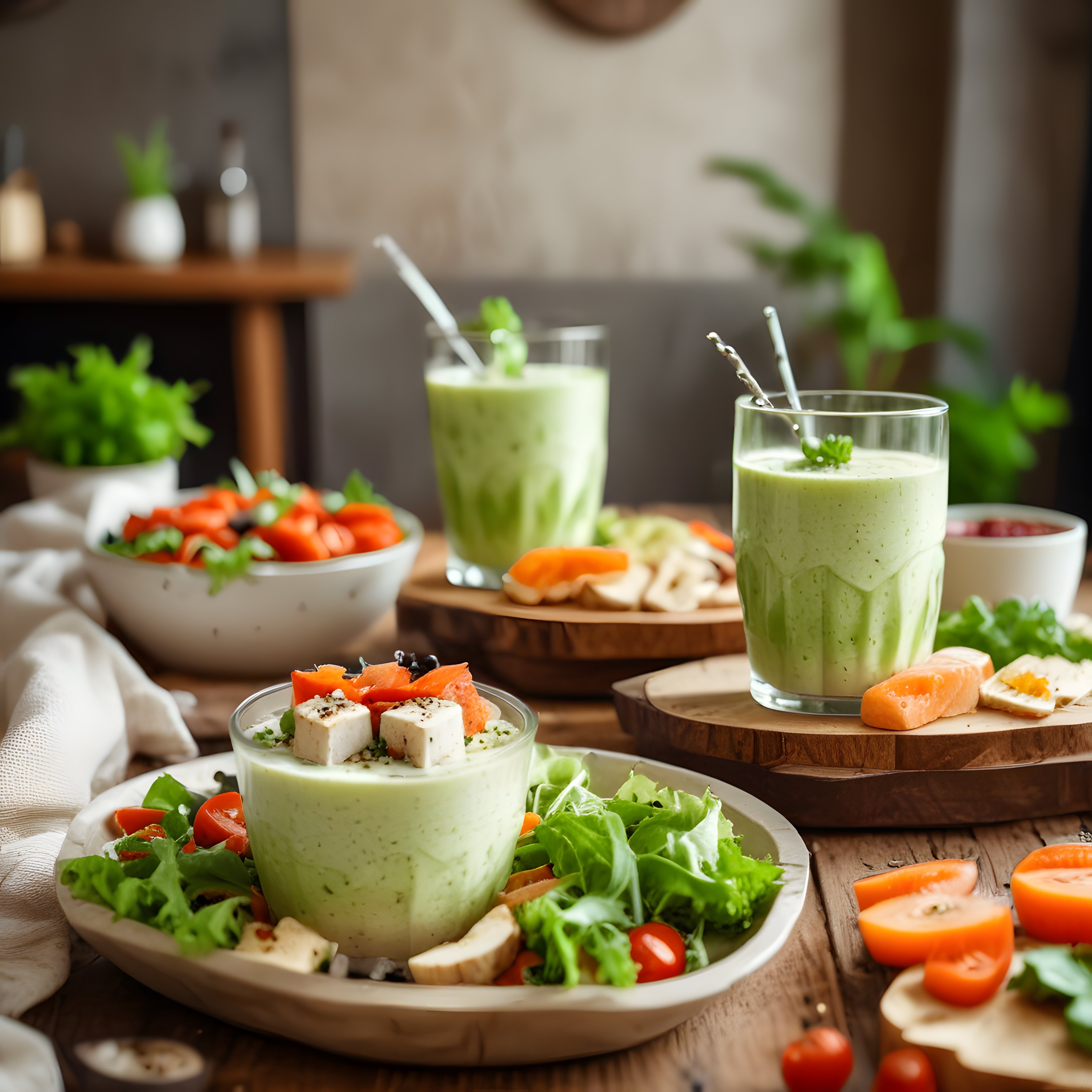 Ahşap Masada Yeşil Smoothie ve Taze Sebze Eşliğinde Sağlıklı Kahvaltı Sunumu