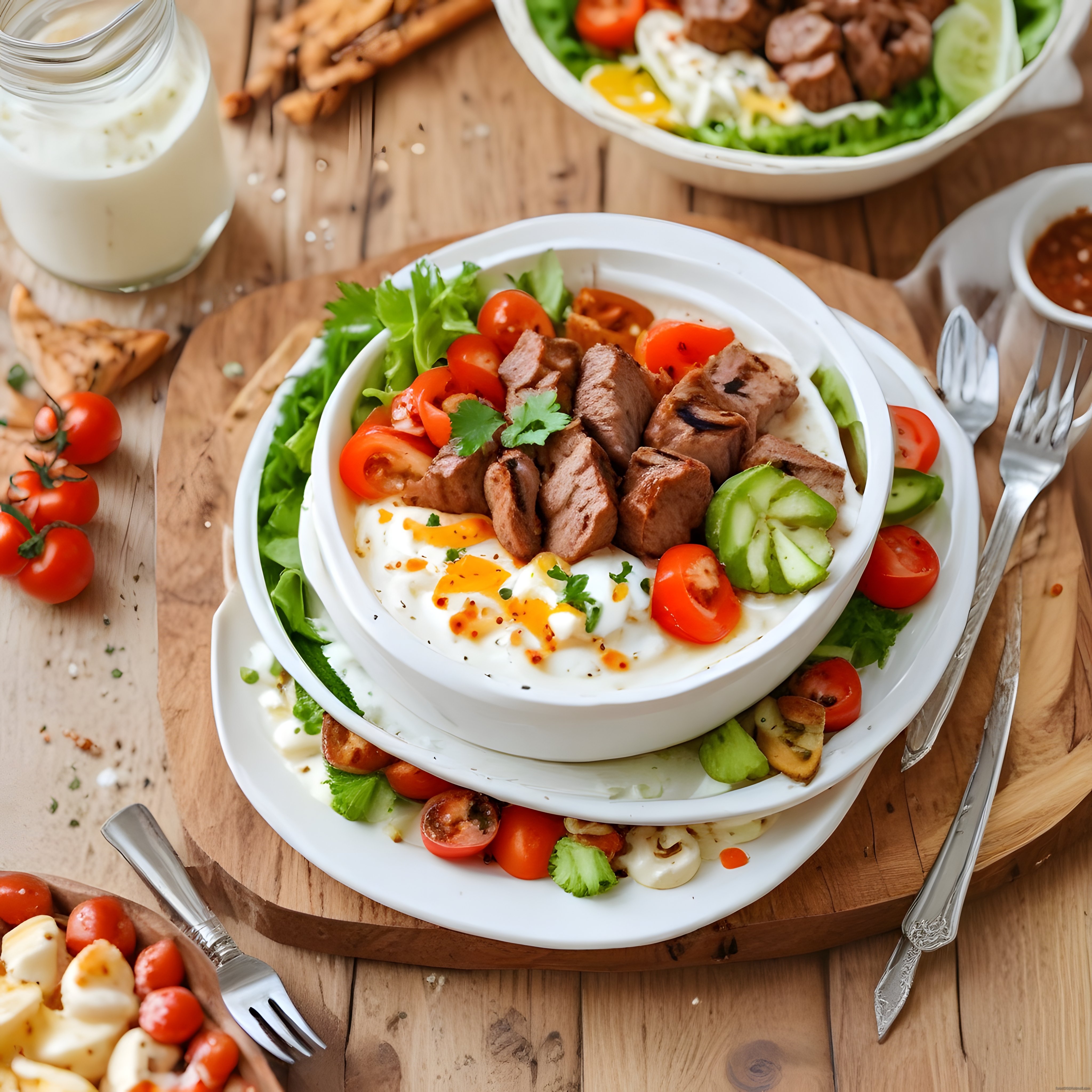 Ahşap Masada Yoğurtlu Etli Salata: Sağlıklı ve Lezzetli Bowl Sunumu