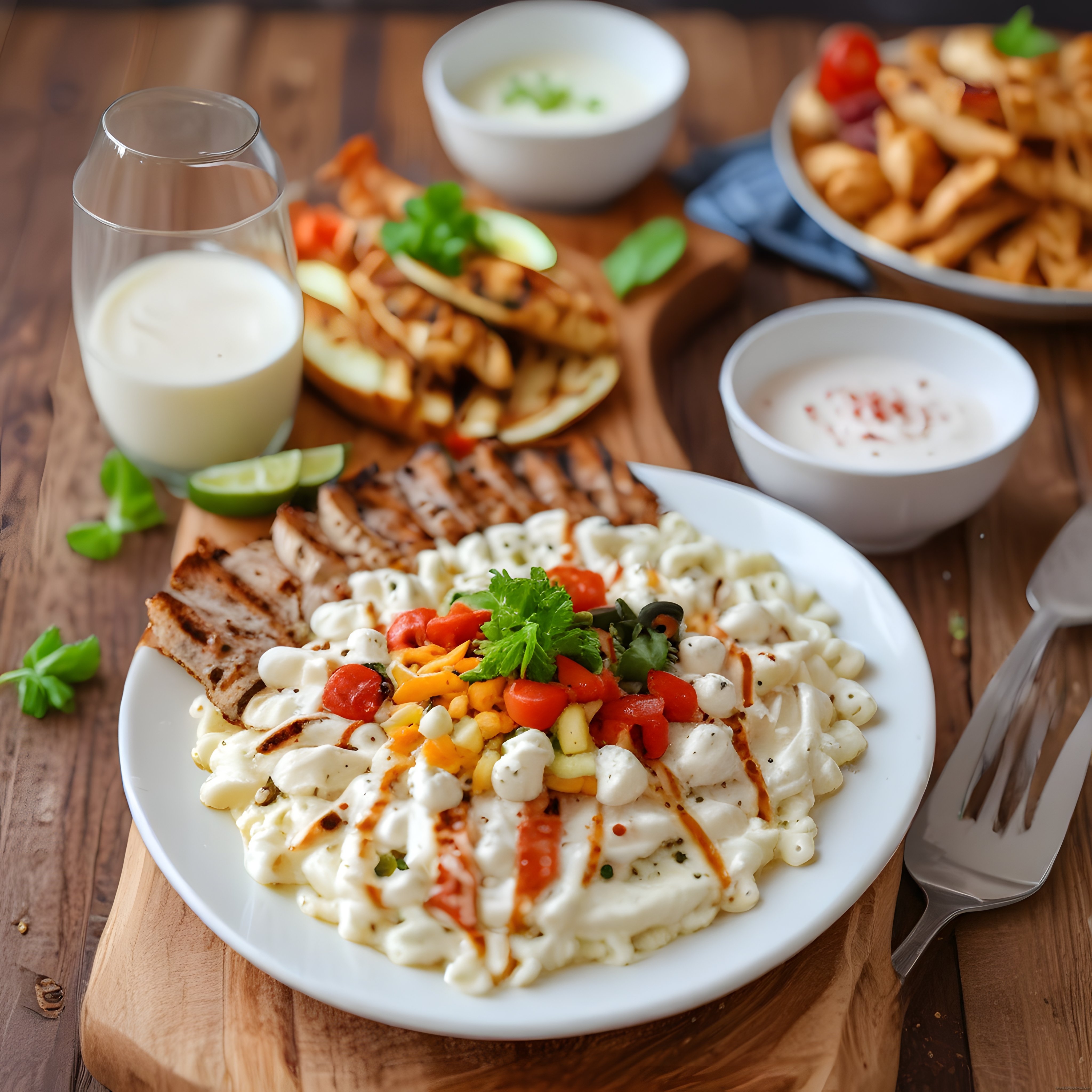Ahşap Masada Yoğurtlu Mantı Tabağı, Ayran ve Izgara Ekmek Eşliğinde