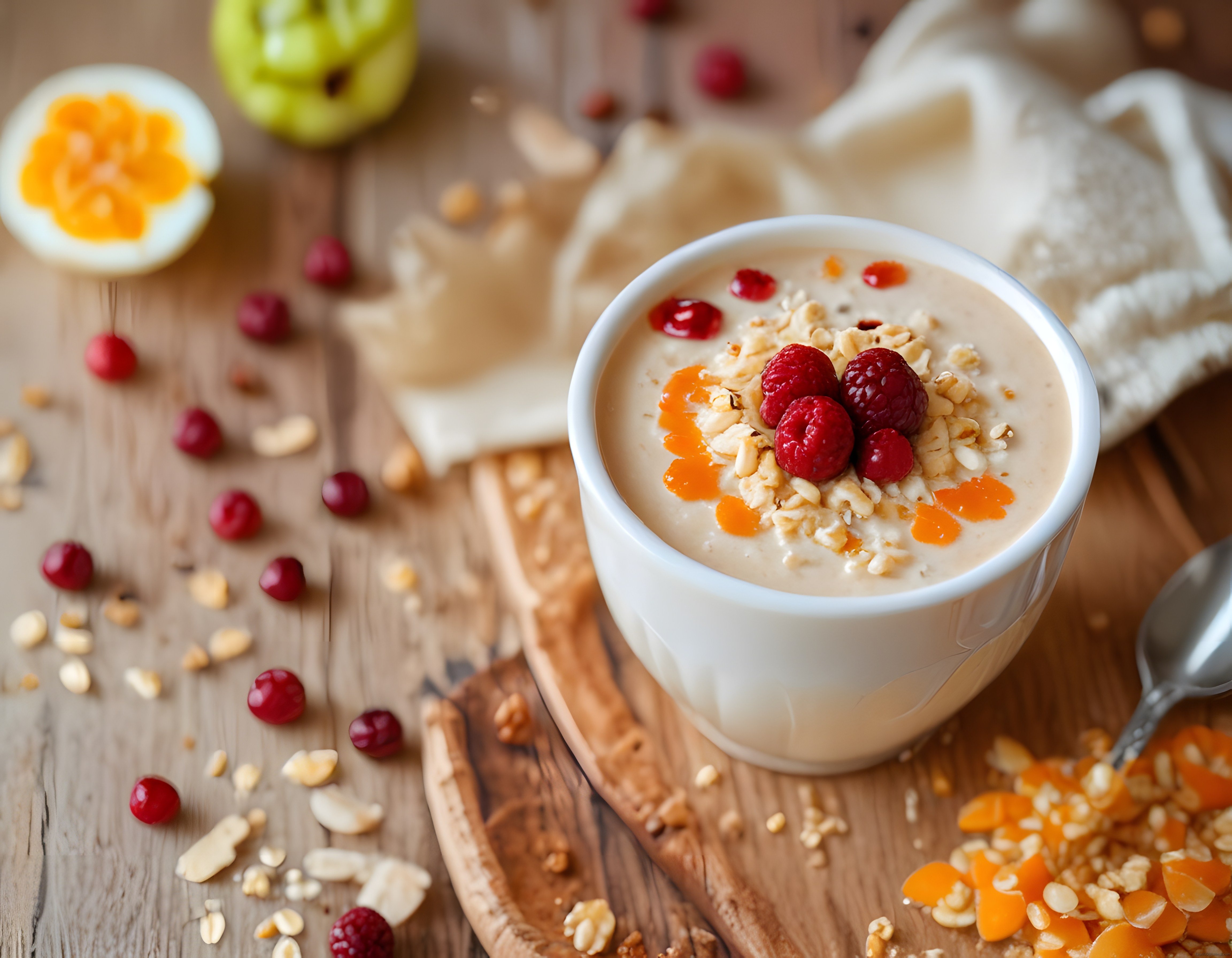 Ahşap Masada Yulaf Lapası ve Haşlanmış Yumurtadan Oluşan Sağlıklı Kahvaltı Sahneleri