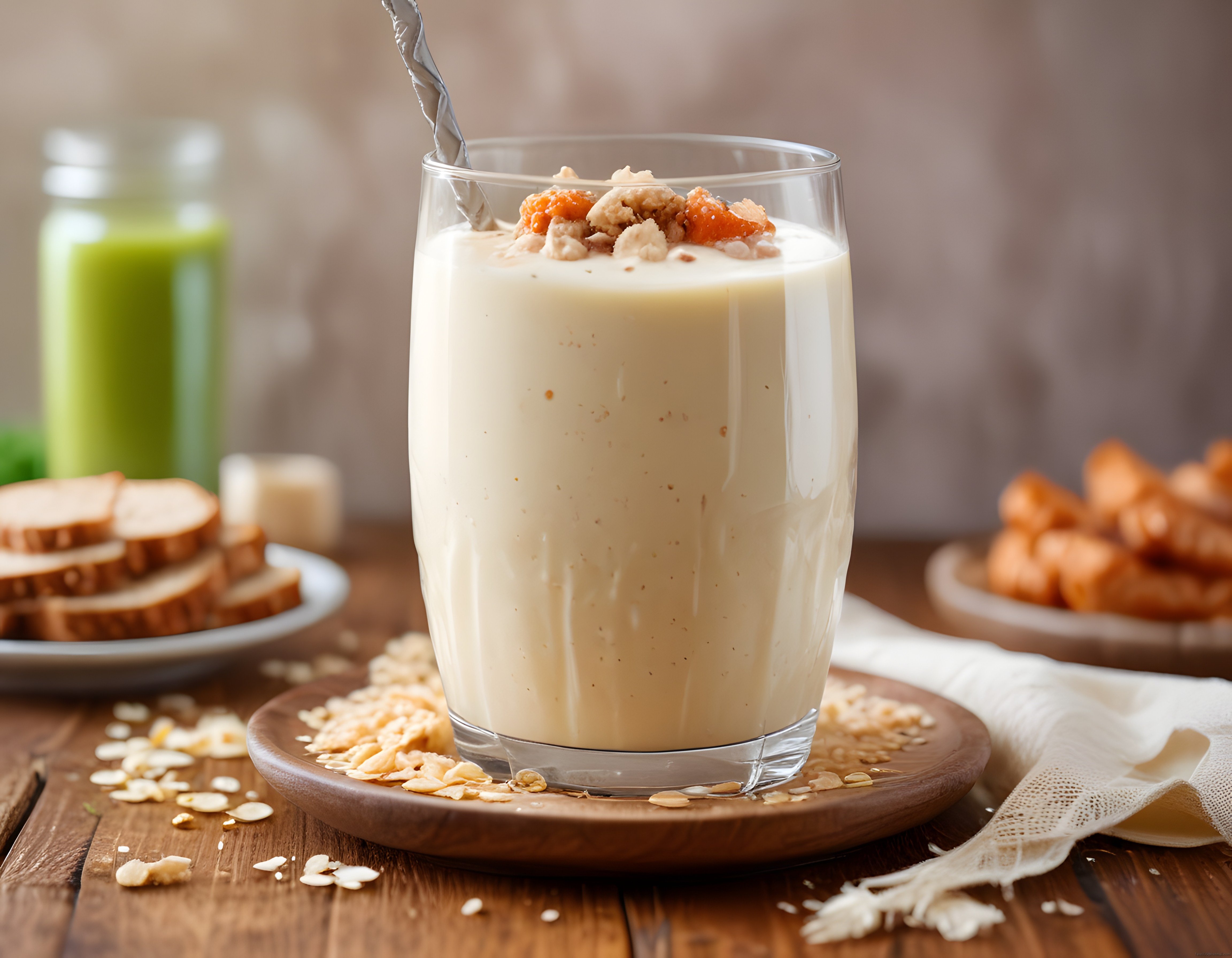 Ahşap Masada Yulaflı Kayısılı Smoothie Kasesi ile Sağlıklı Kahvaltı Sunumu