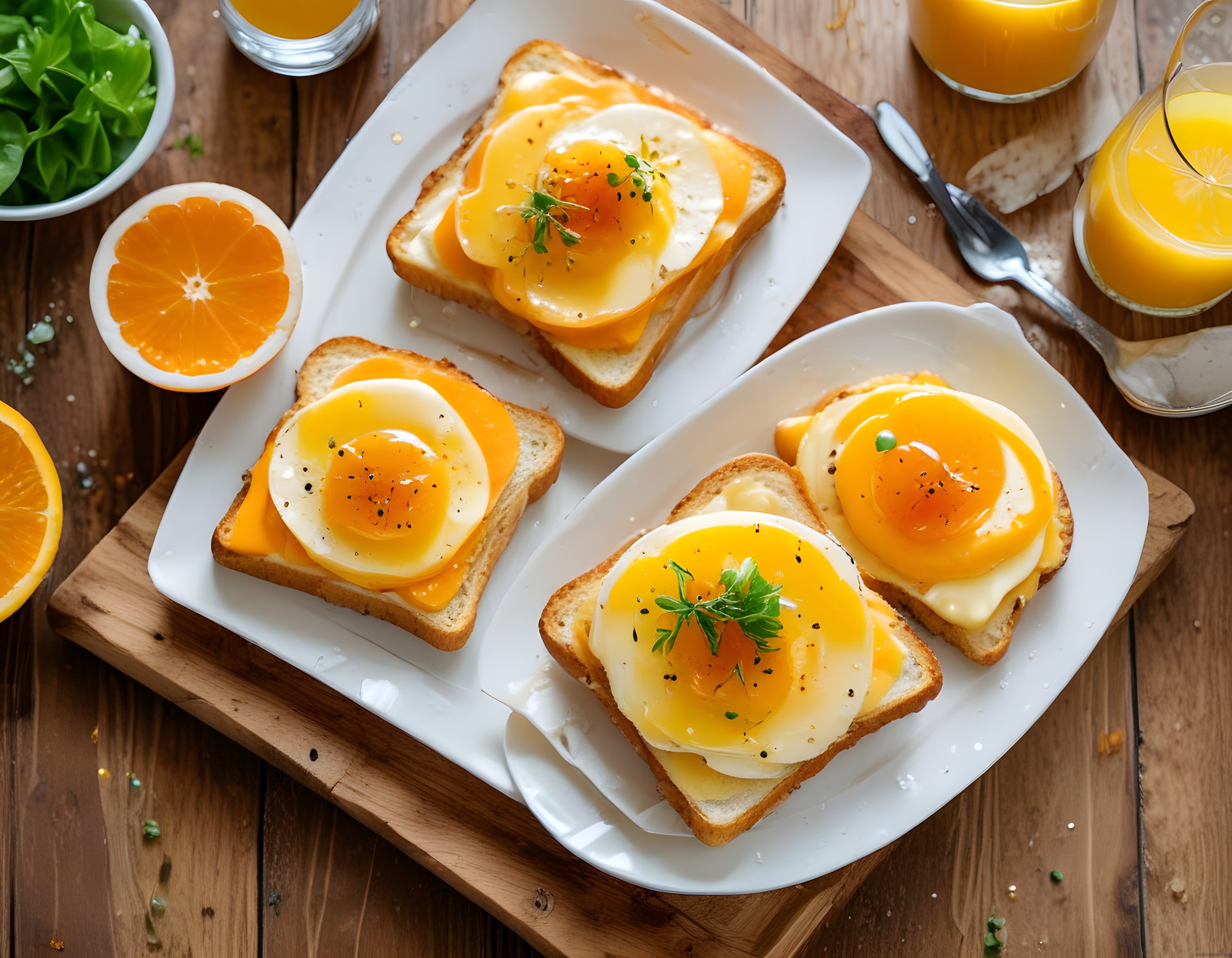 Ahşap Masada Yumurtalı Peynirli Tost ve Portakal Suyu ile Sıcacık Bir Kahvaltı