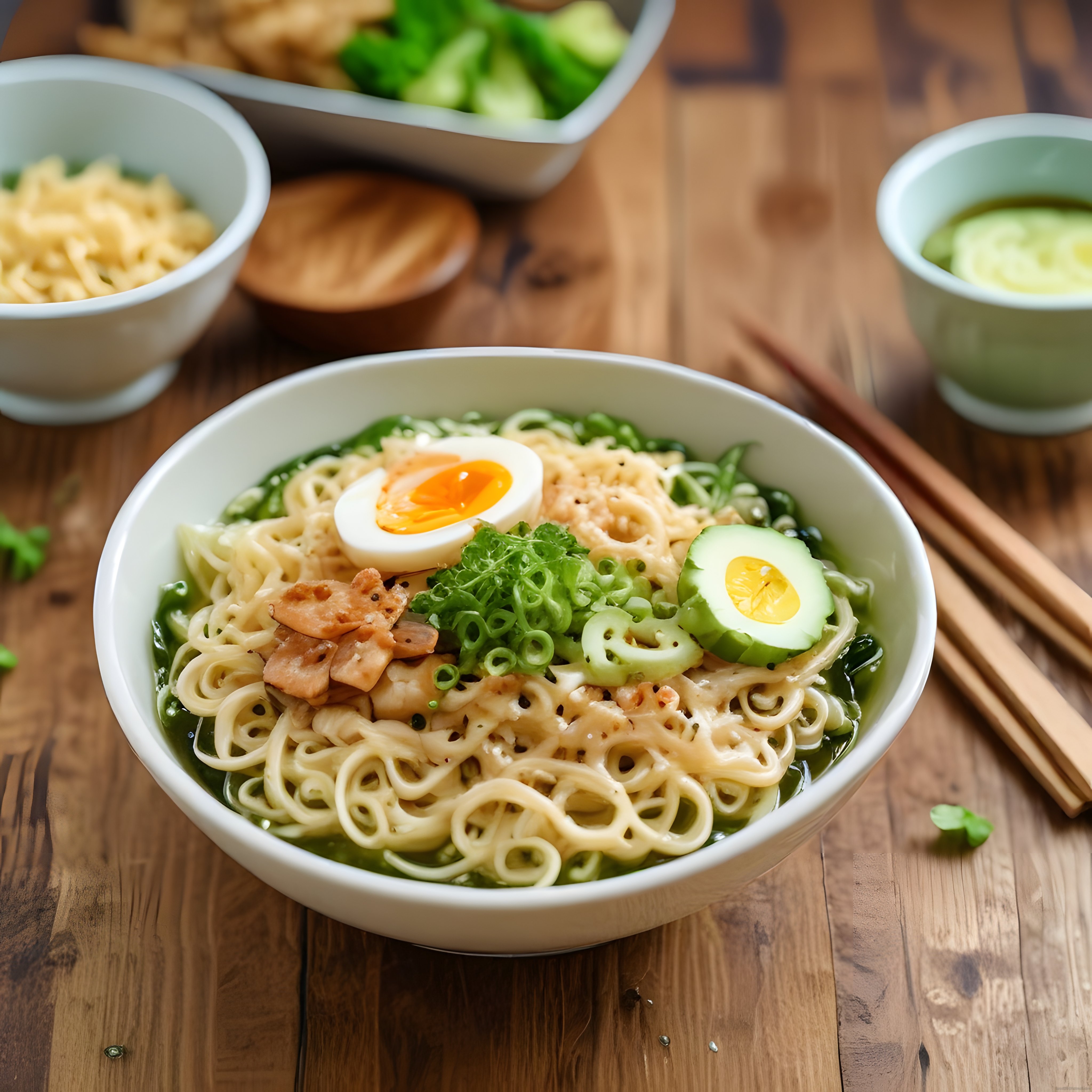 Ahşap Masada Yumurtalı ve Sebzeli Noodle Kase: Ev Yapımı Ramen Tarifi