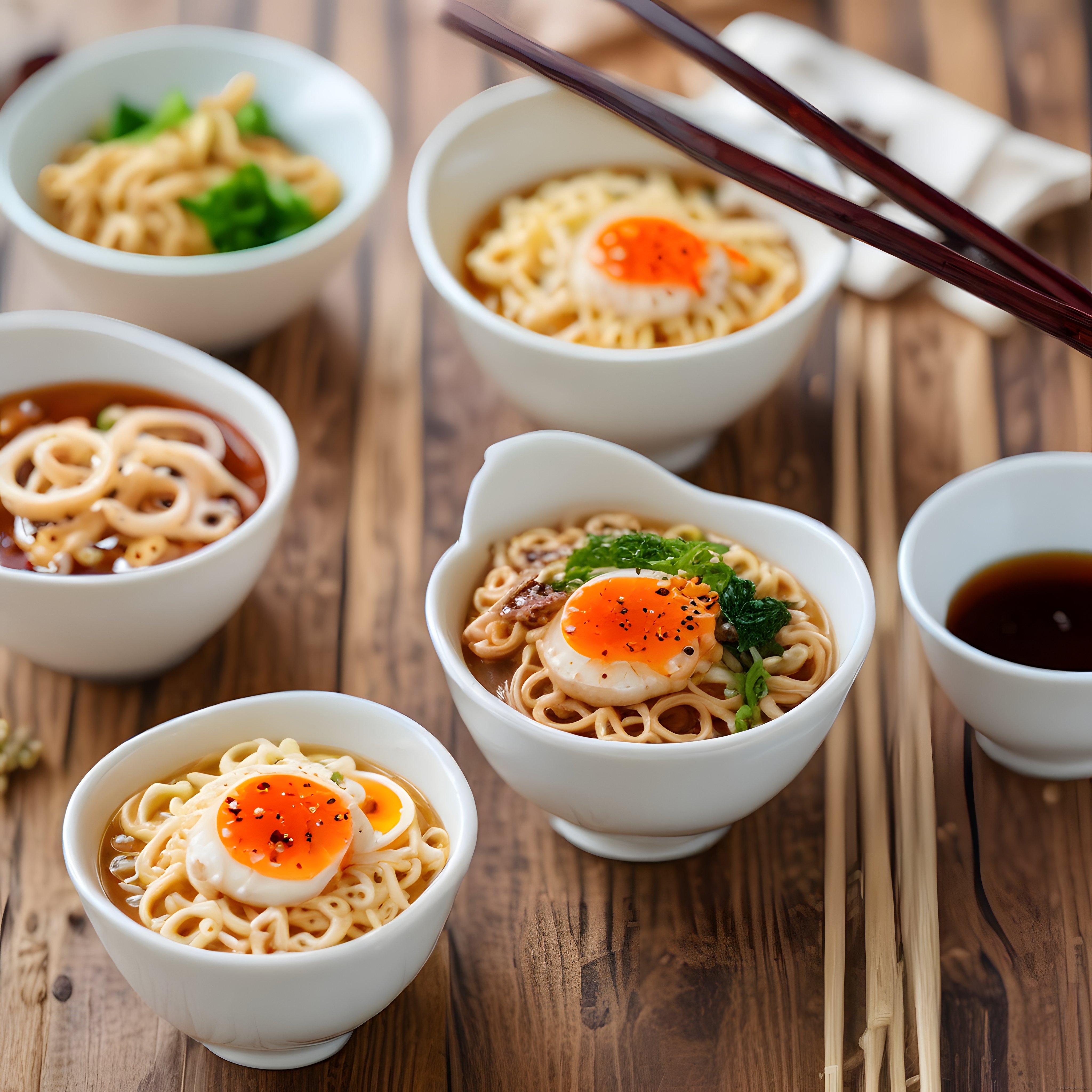 Ahşap masada yumurtalı ve yeşillikli sıcak noodle çorbası sunumu