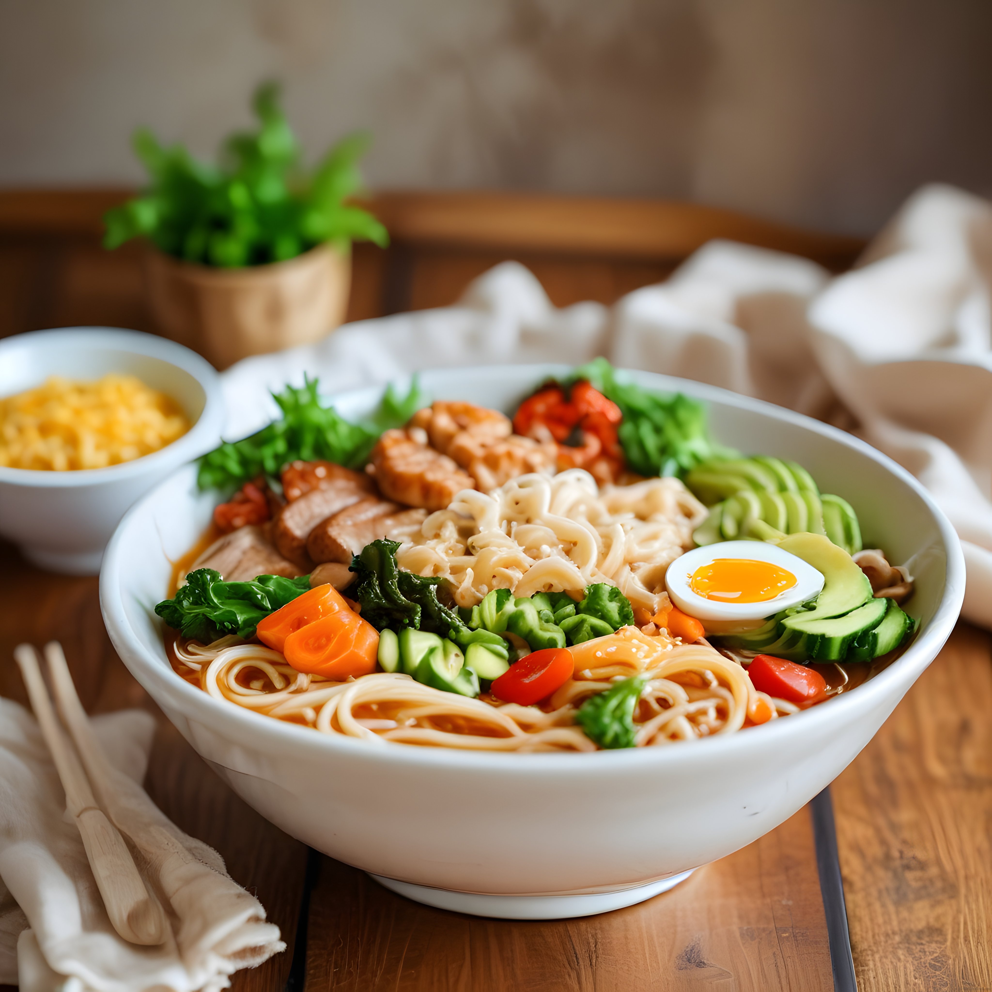 Ahşap Masada Yumuşak Işıkla Süslenmiş Yumurtalı Noodle Kasesi