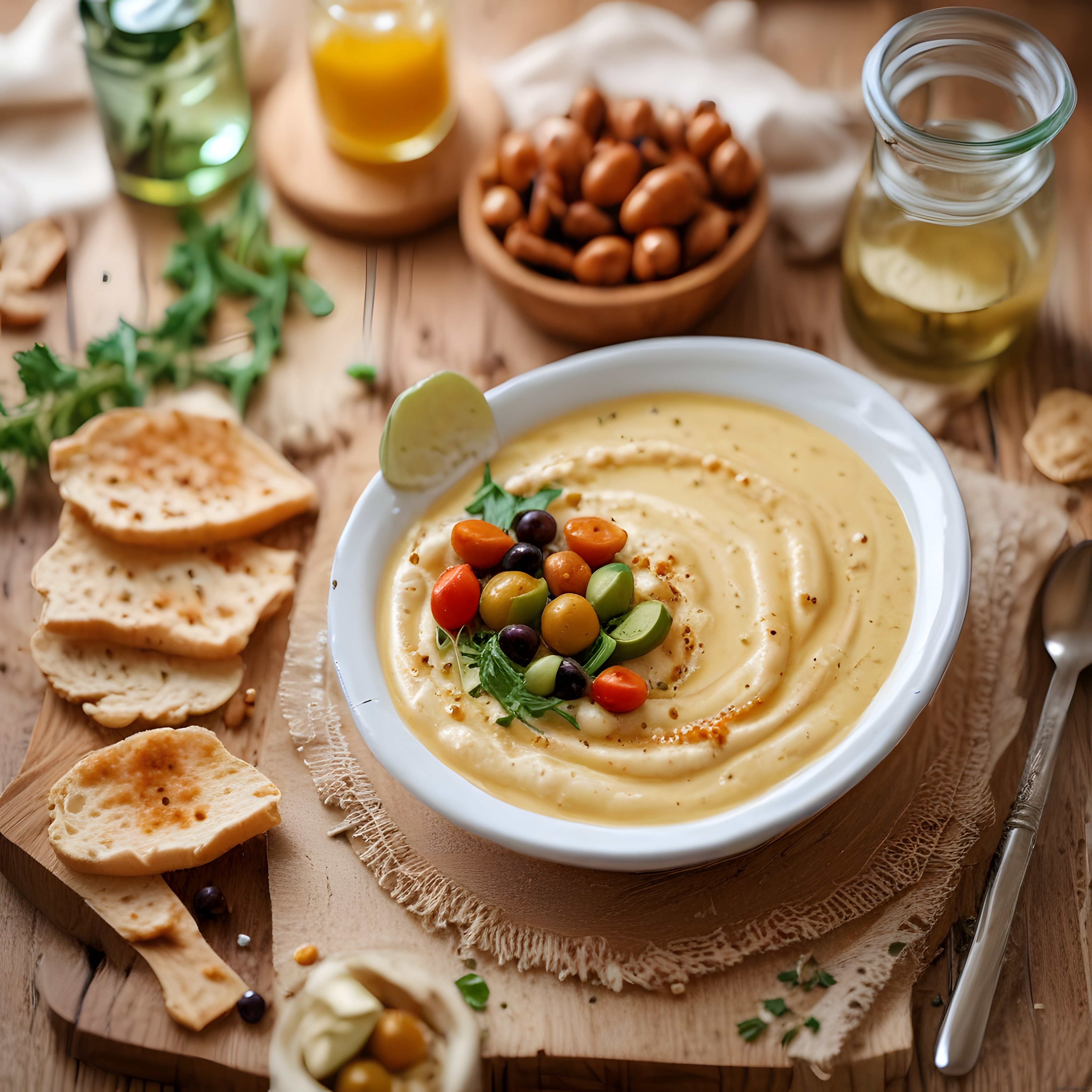 Ahşap Masada Zeytin ve Taze Yeşillikle Süslenmiş Ev Yapımı Humus Sunumu