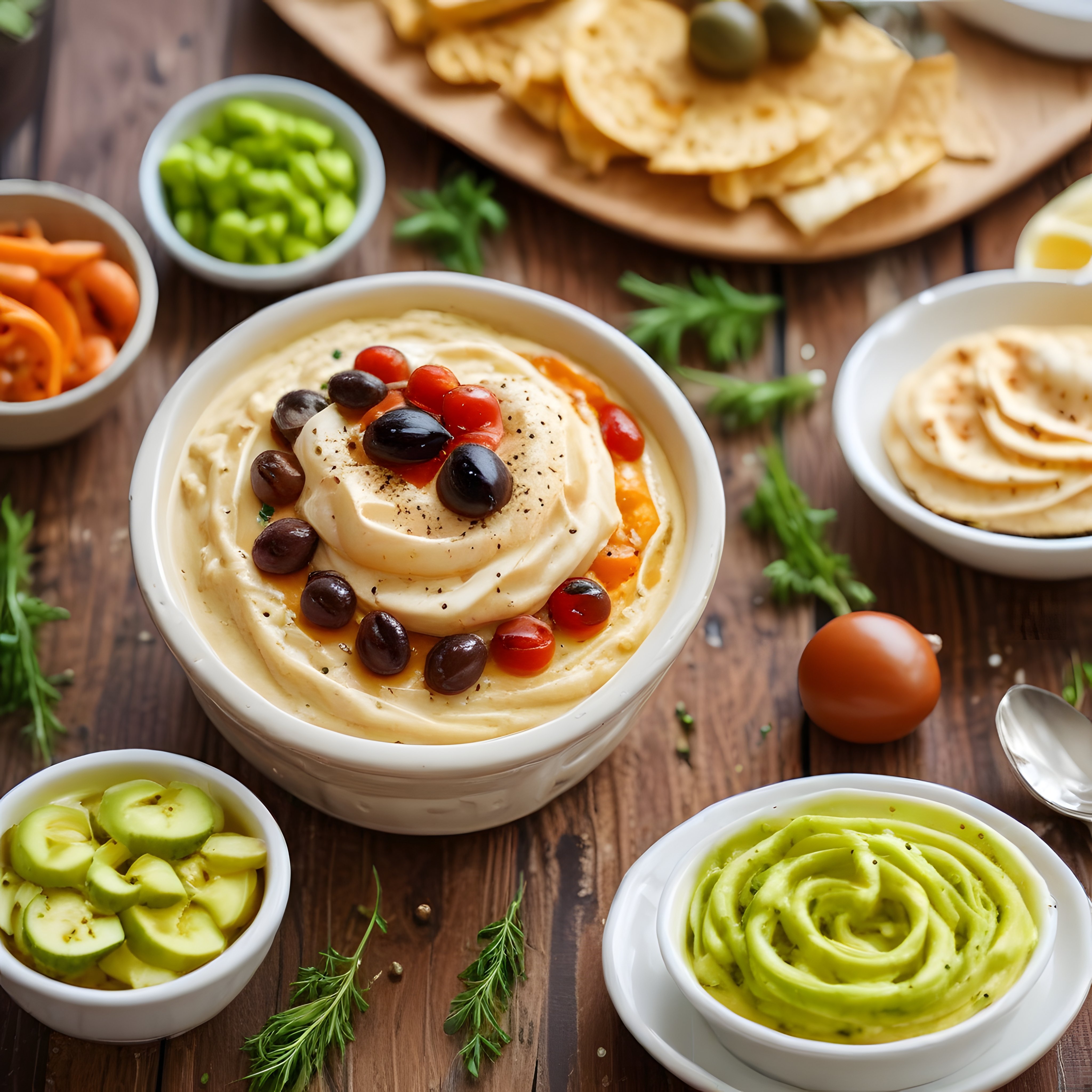 Ahşap Masada Zeytinli Humus, Avokado Sosu ve Renkli Meze Çeşitleri