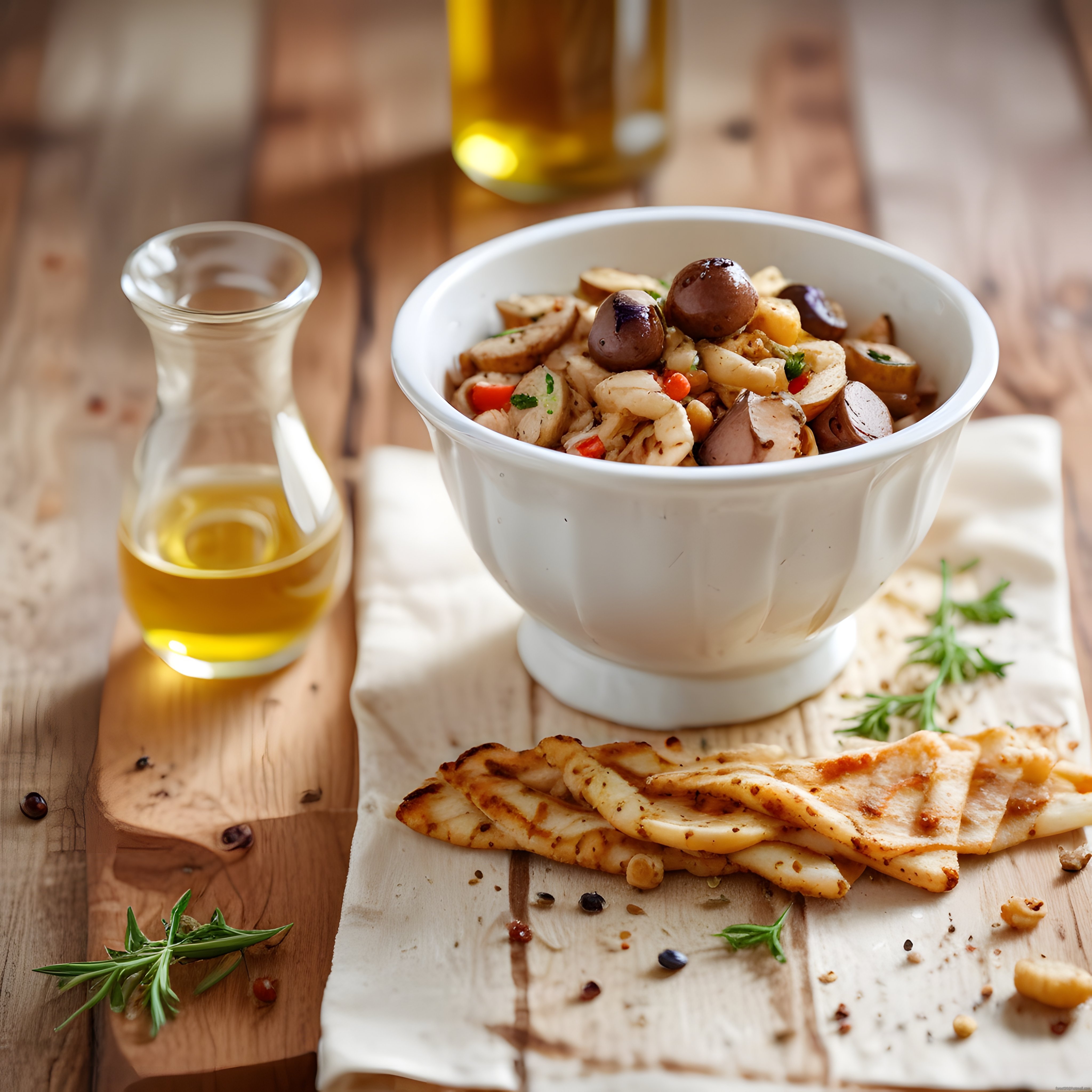 Ahşap Masada Zeytinli Makarna Salatası ve Izgara Peynir Sunumu