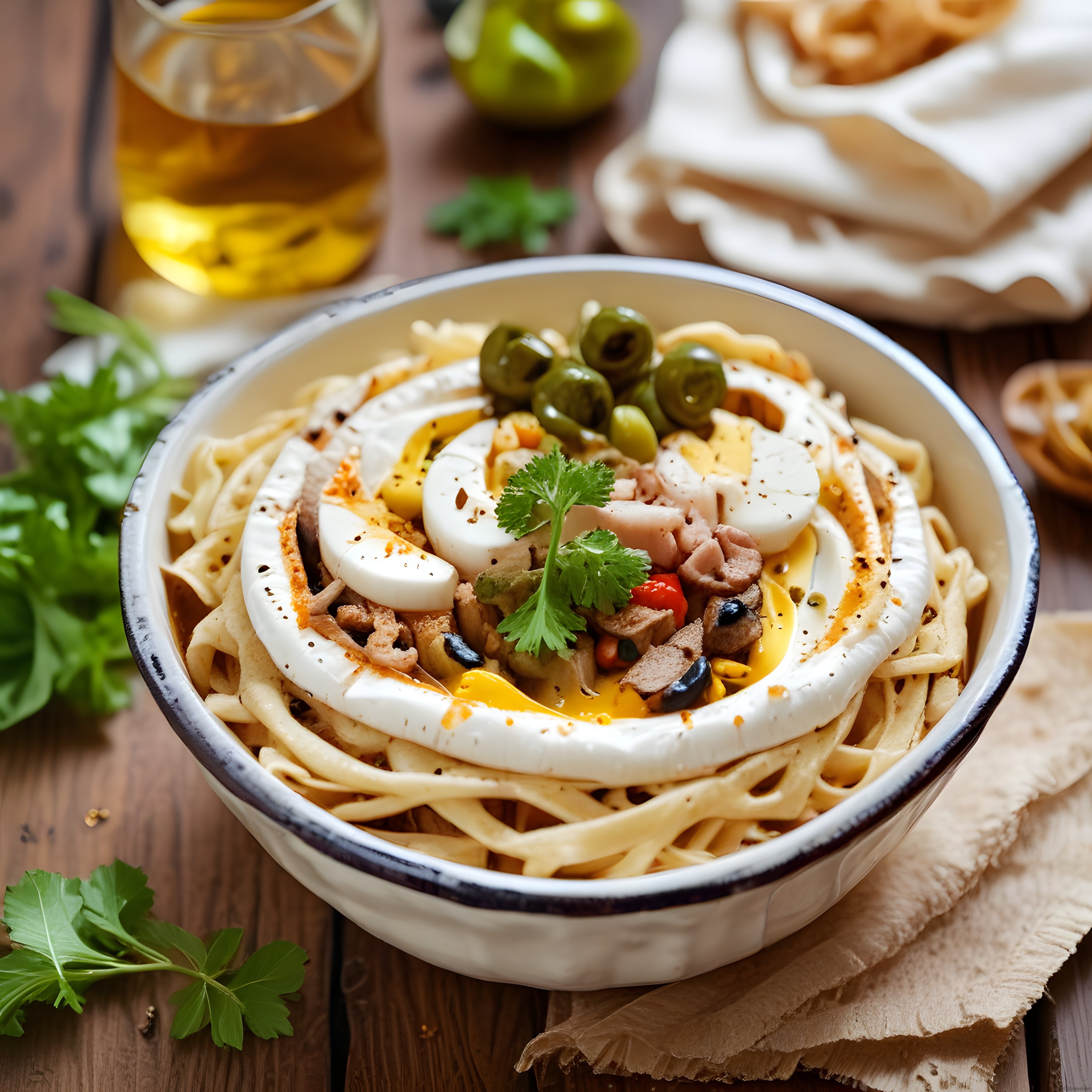 Ahşap Masada Zeytinli ve Haşlanmış Yumurtalı Noodle Kasesi: Ev Yapımı Lezzet