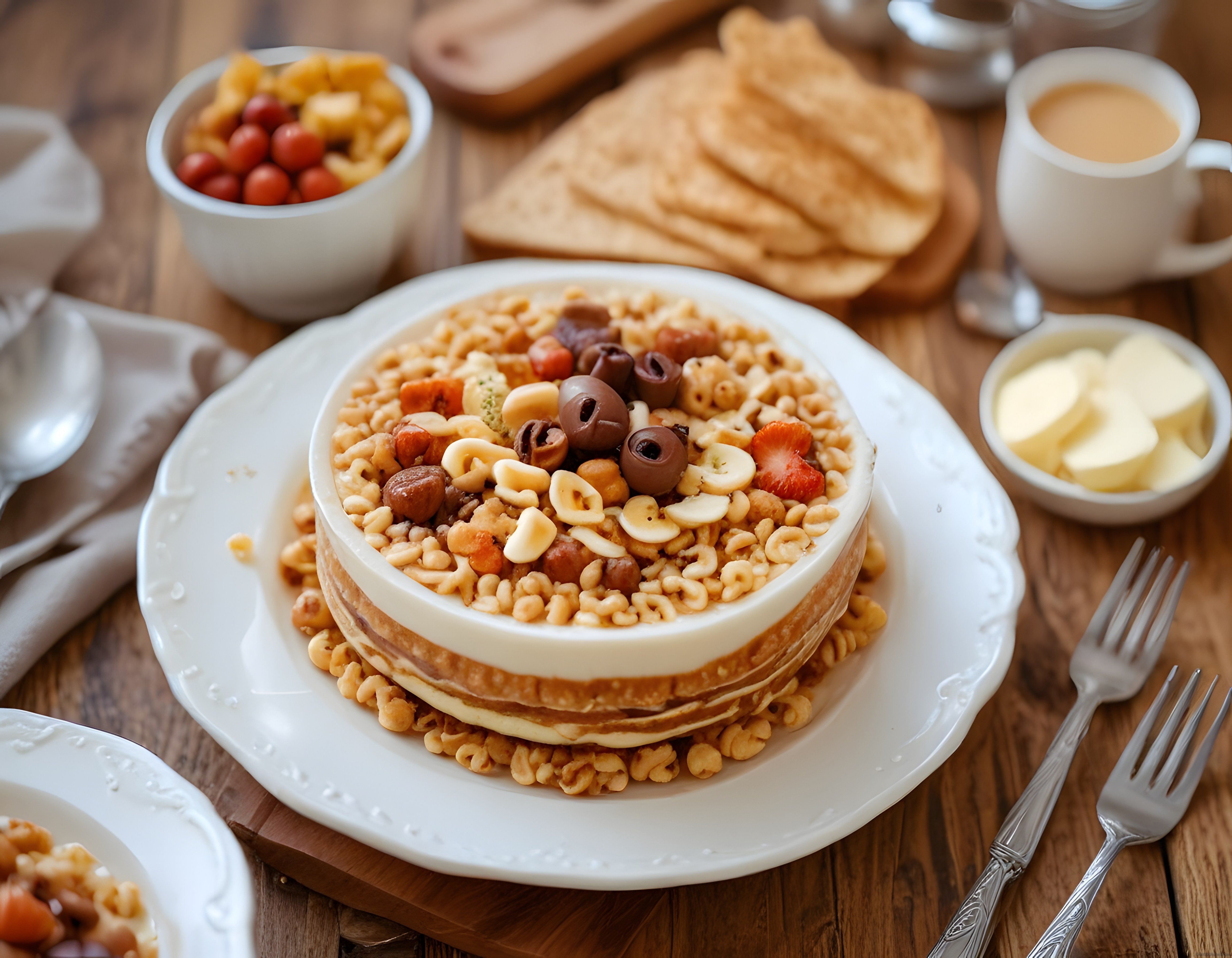 Ahşap Masada Zeytinli ve Meyveli Kahvaltı Kasesi ile Sıcak Brunch Sunumu