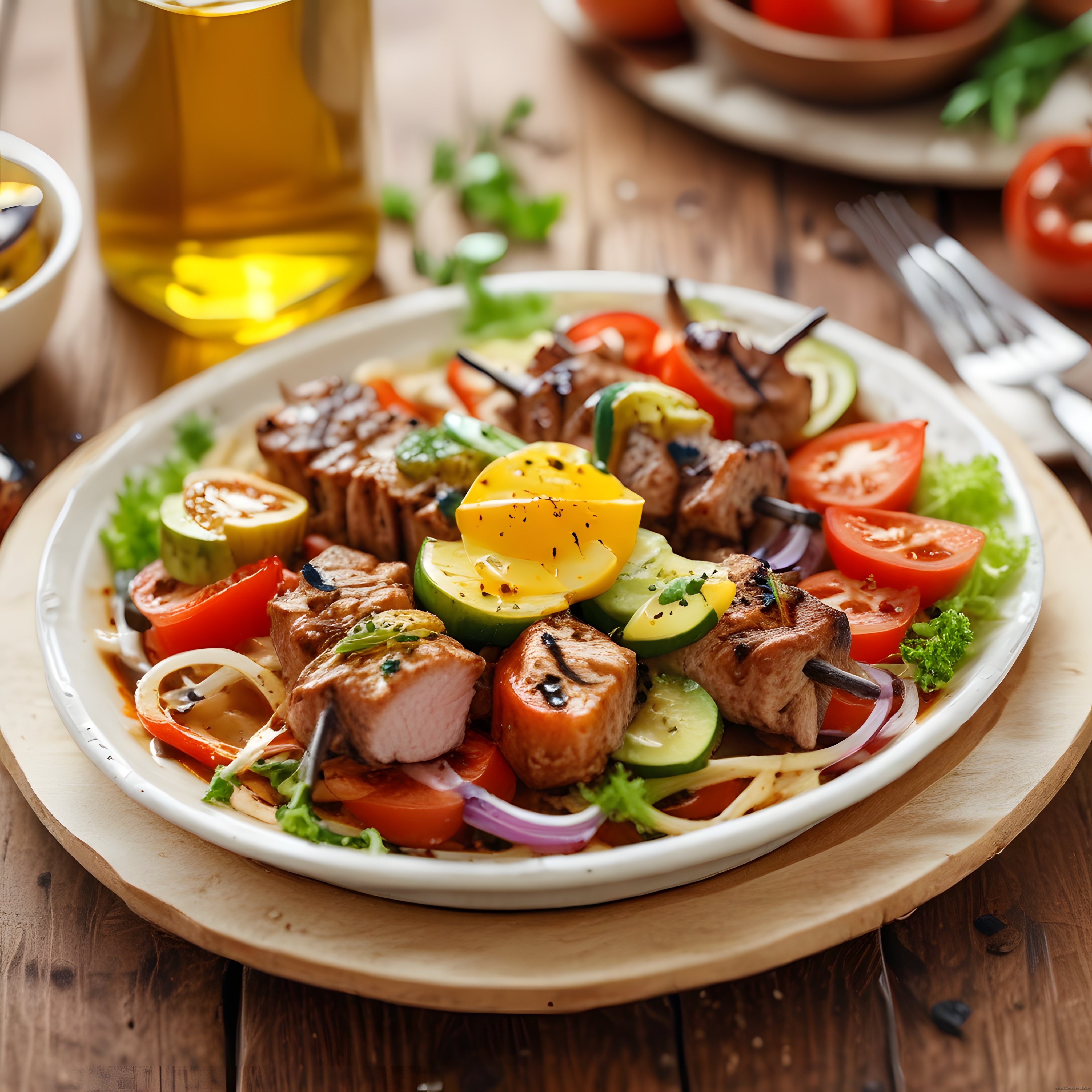 Ahşap Masada Zeytinyağı Eşliğinde Nefis Domatesli Et Şiş Izgara