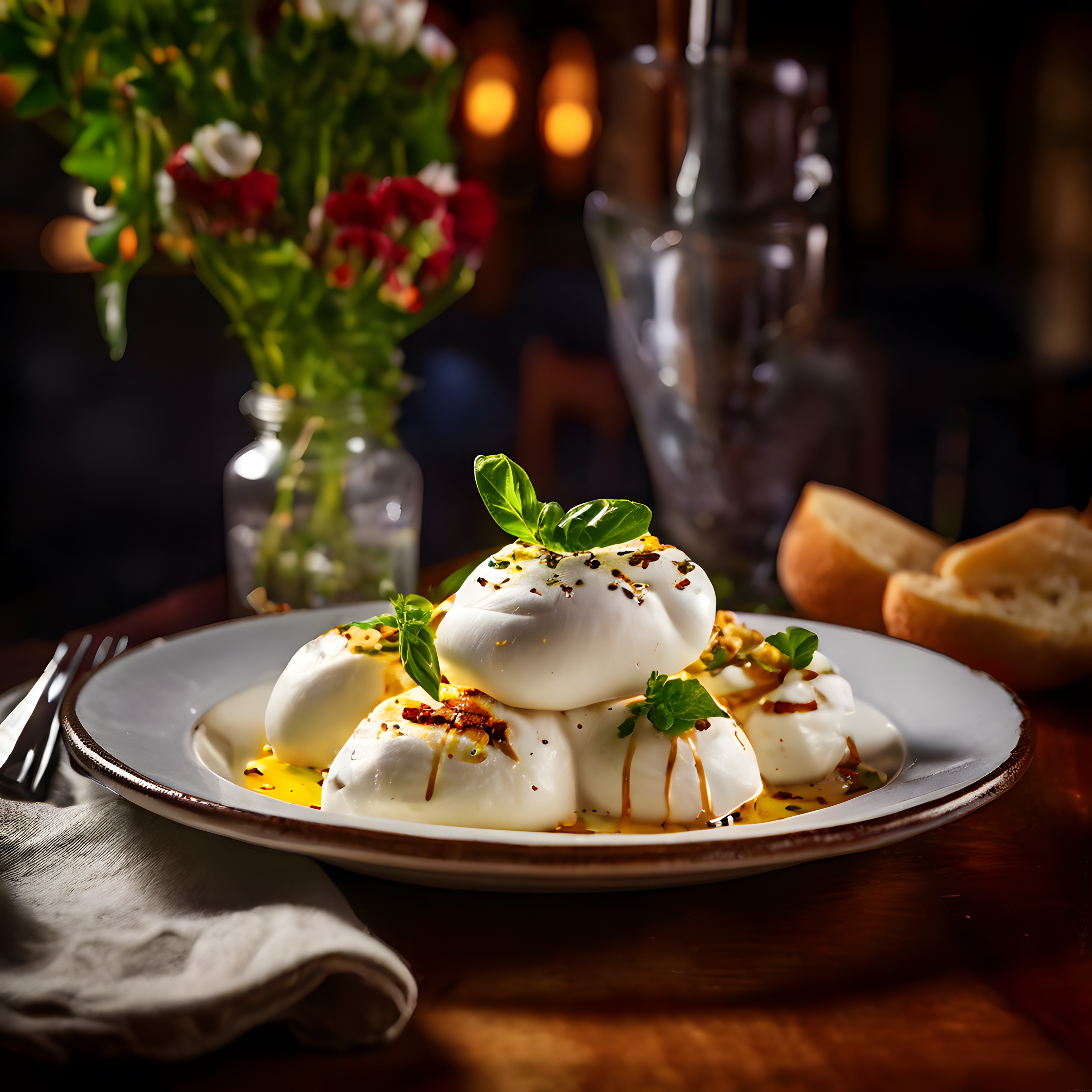 Ahşap Masada Zeytinyağı ve Fesleğen ile Süslenmiş Taze Burrata Sunumu