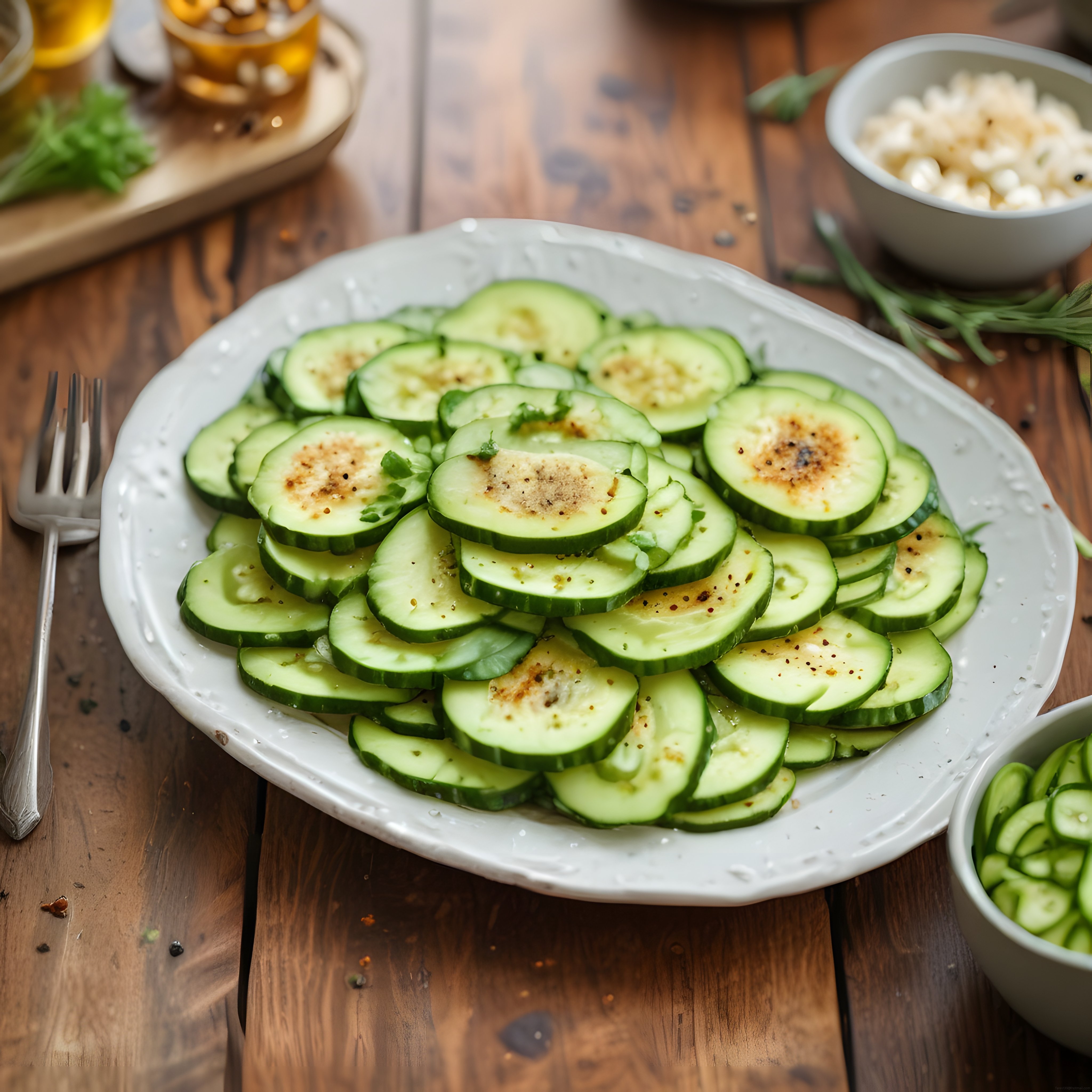 Ahşap Masada Zeytinyağlı Taze Salatalık Dilimleri ile Hafif ve Sağlıklı Salata