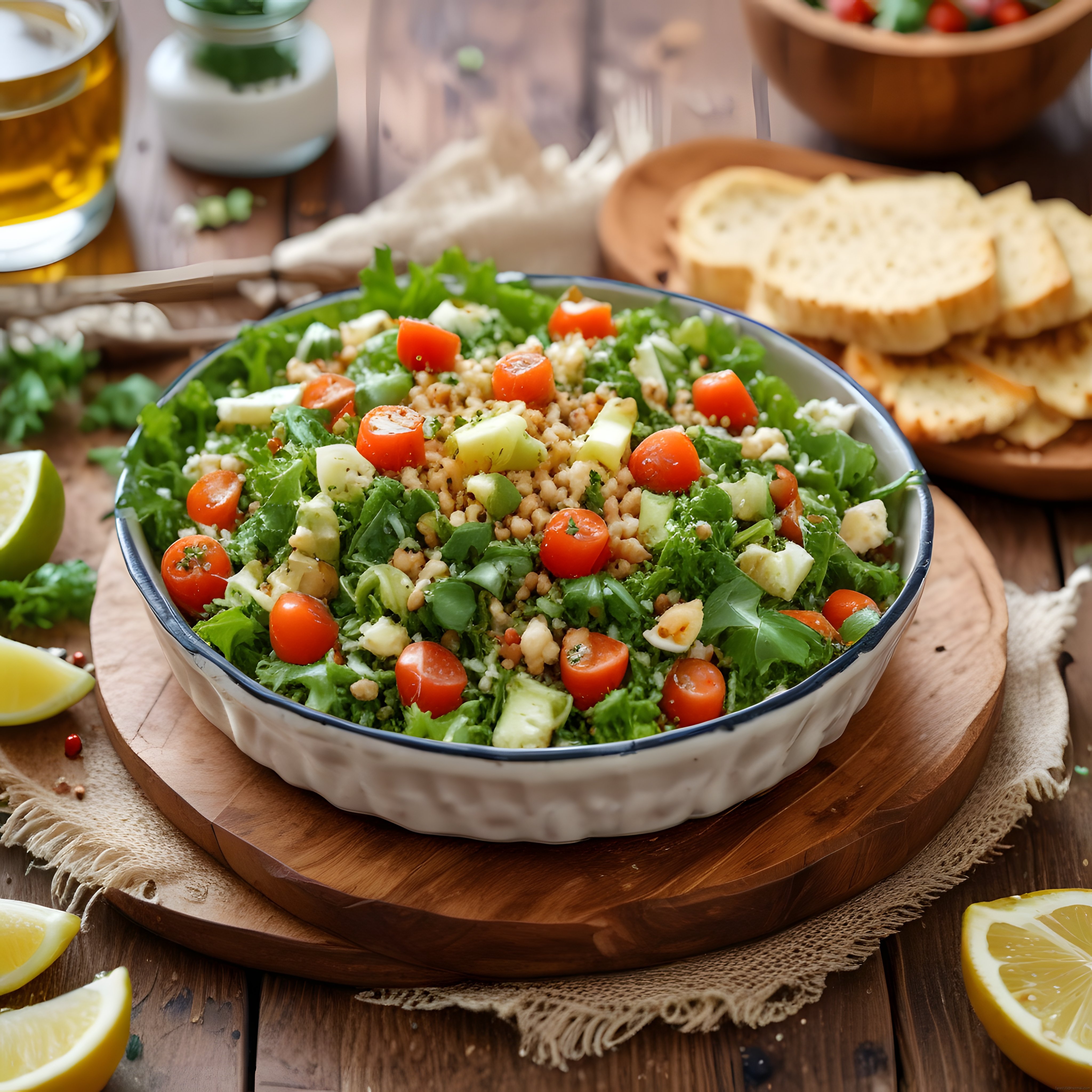 Ahşap Masada Zeytinyağlı Taze Yeşillikli ve Domatesli Sağlıklı Salata Tarifi