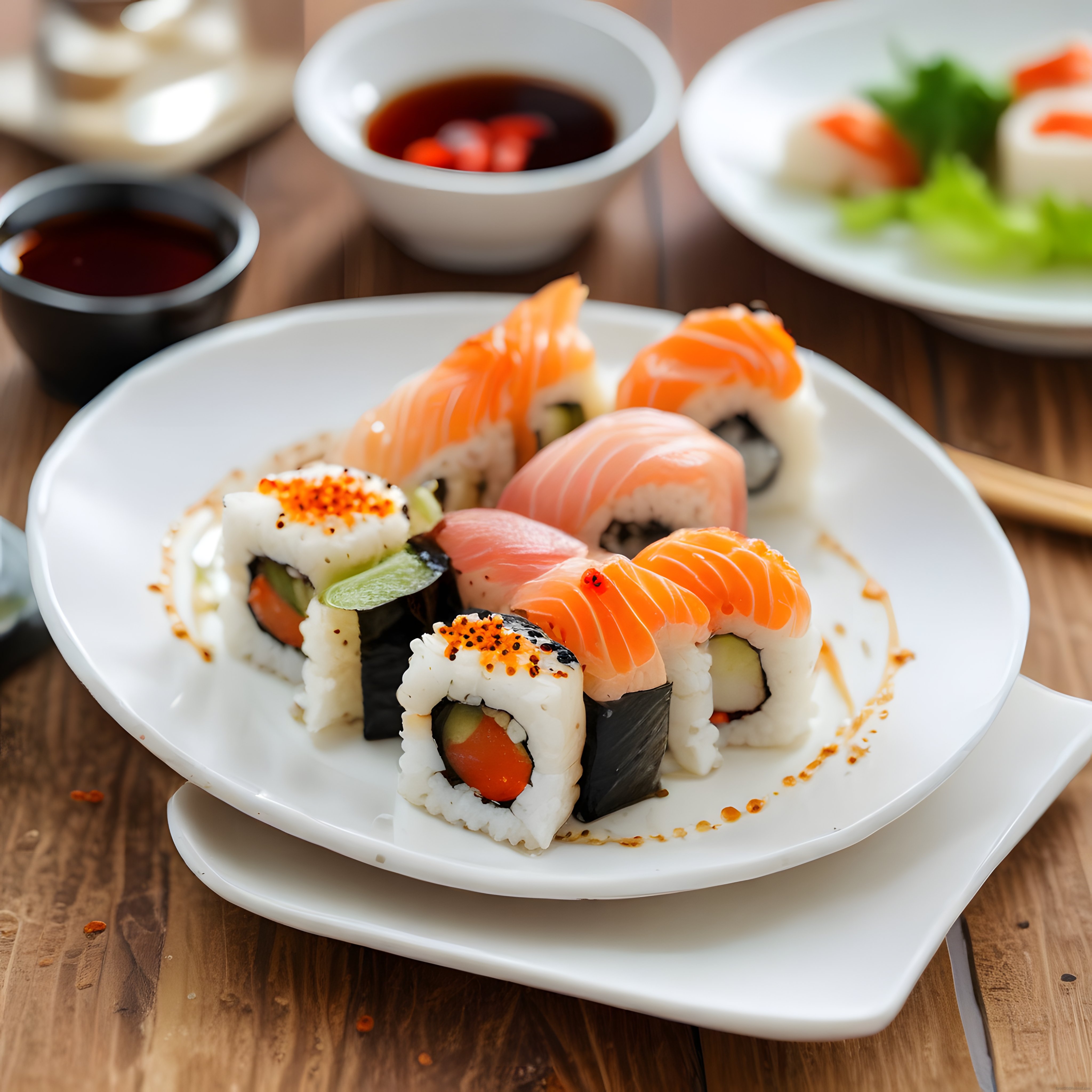 Ahşap masadaki beyaz tabakta somonlu karidesli sushi ve soya sosu sunumu