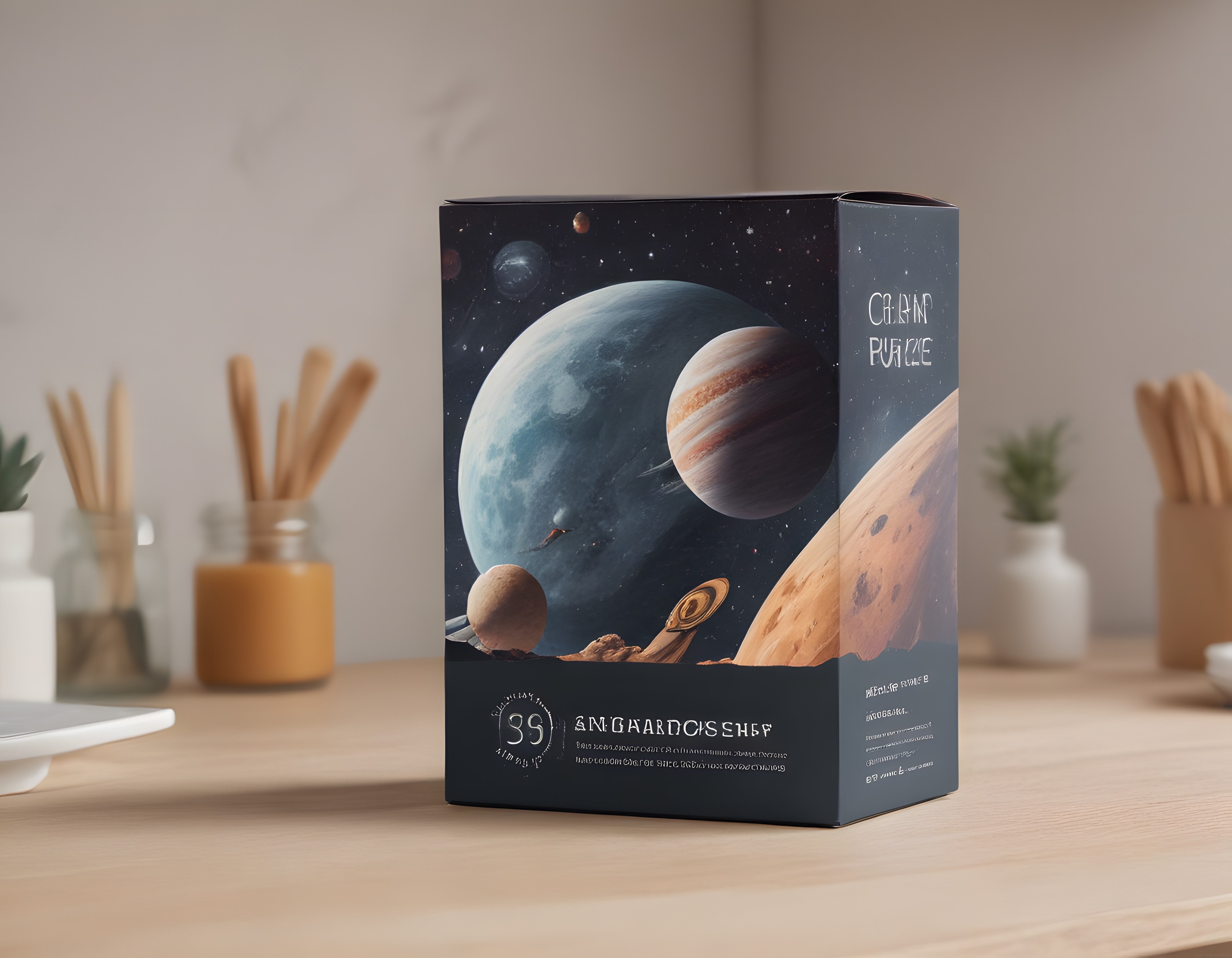 Ahşap masadaki uzay temalı puzzle kutusu ve sakin atmosferli dekor