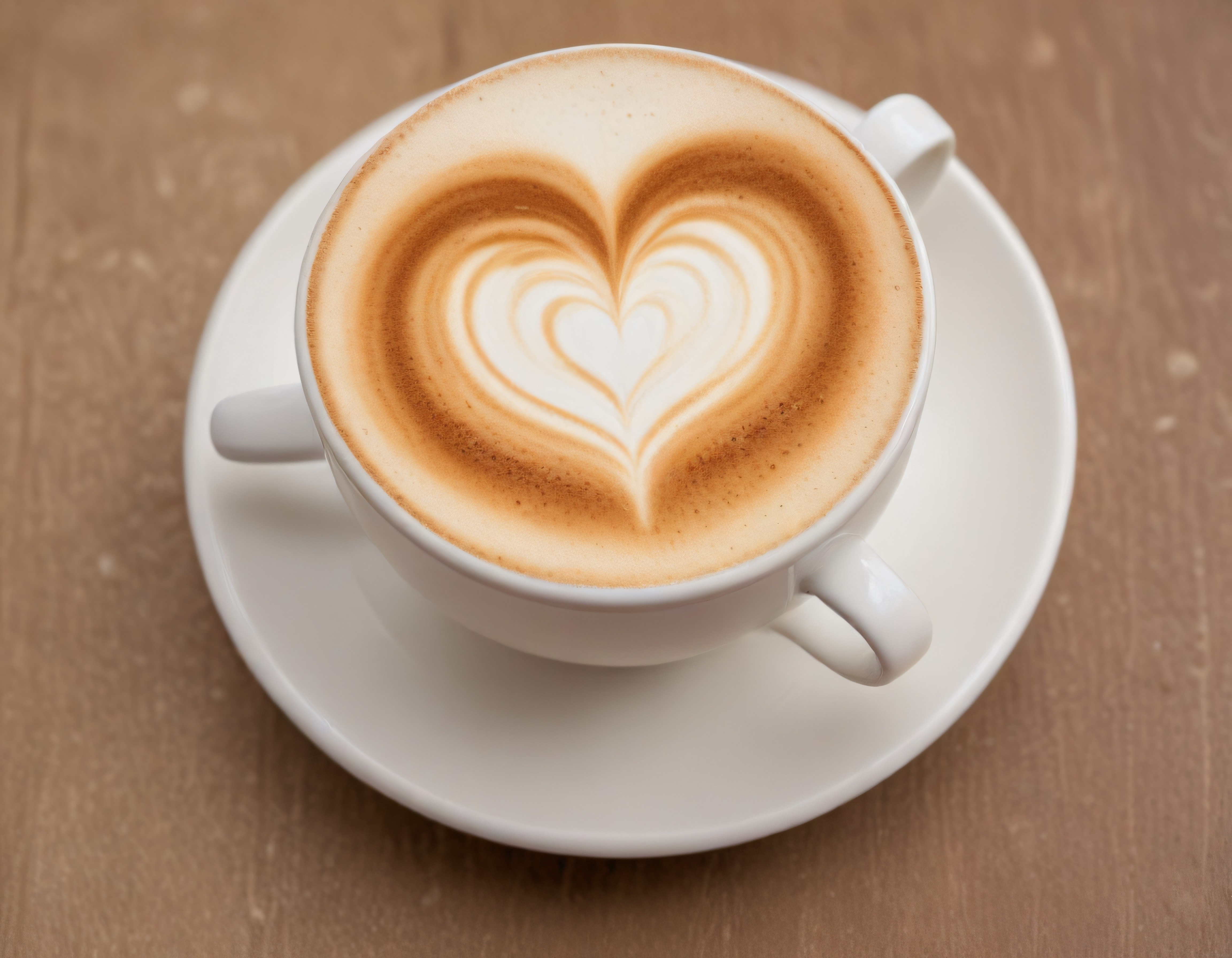 Ahşap Masanın Üzerinde Beyaz Fincanda Kalp Desenli Latte Art Kahvesi