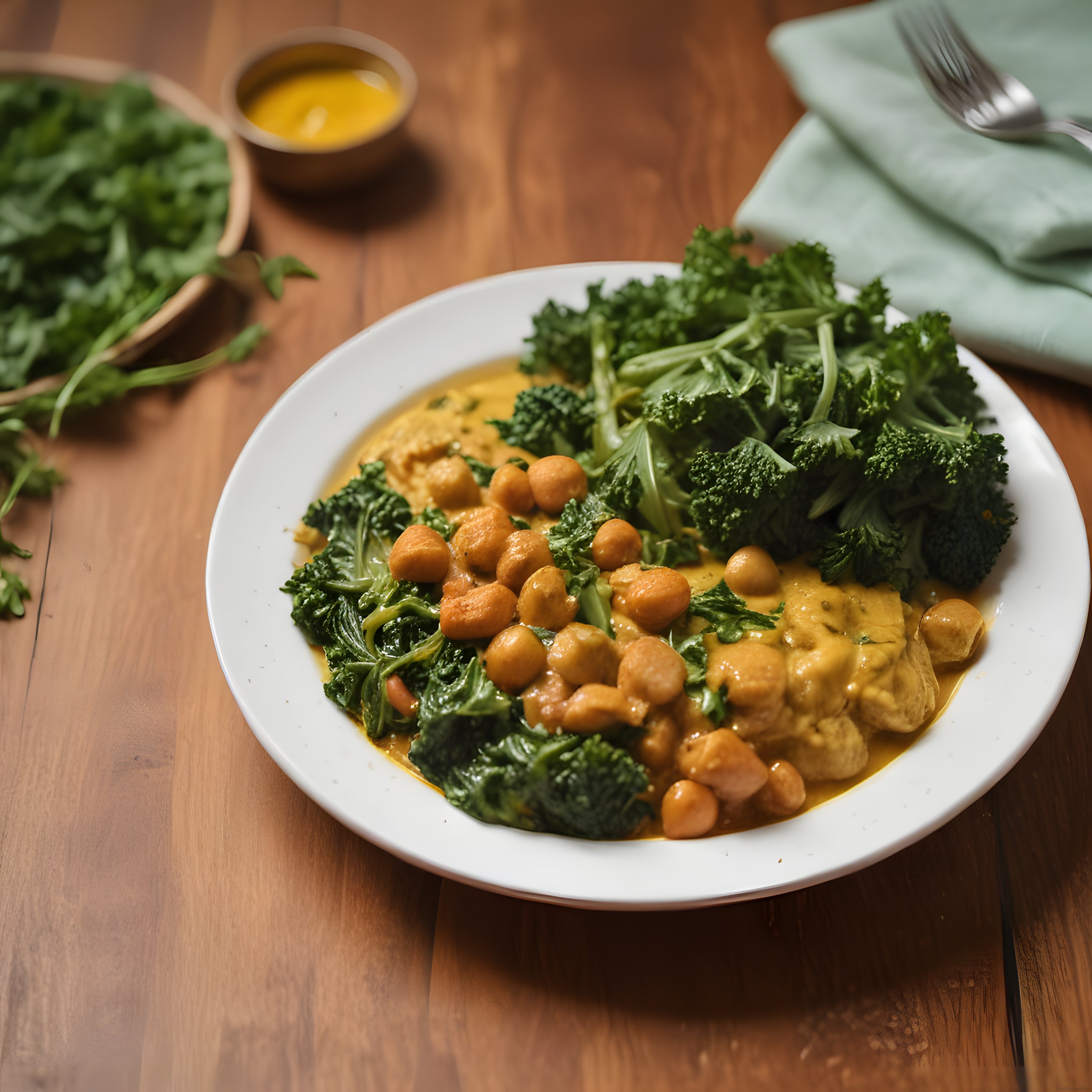 Ahşap Masanın Üzerinde Nohutlu Brokoli ve Yeşillikli Besleyici Vegan Kase