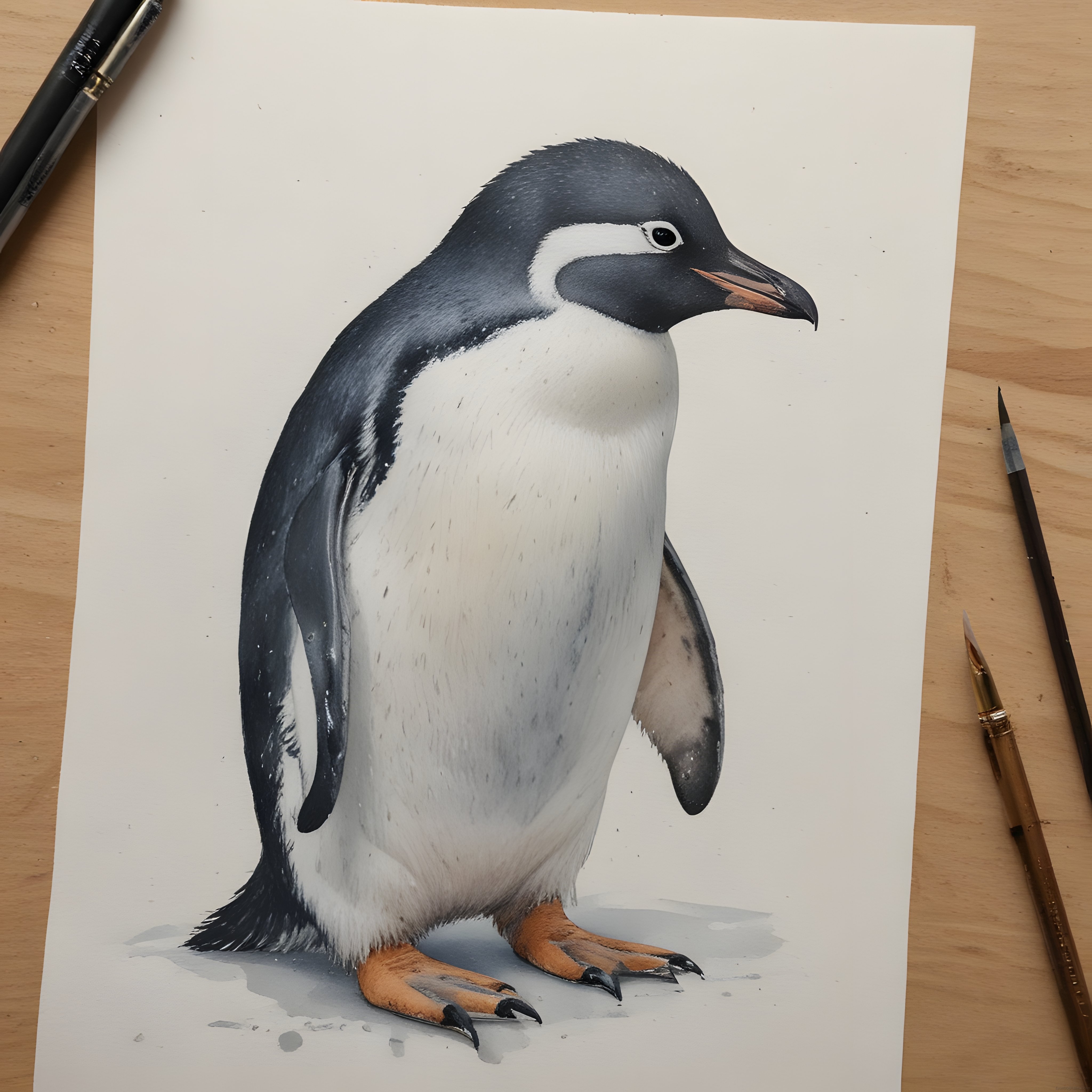 Ahşap masanın üzerindeki gerçekçi penguen suluboya çalışması ve sanat malzemeleri